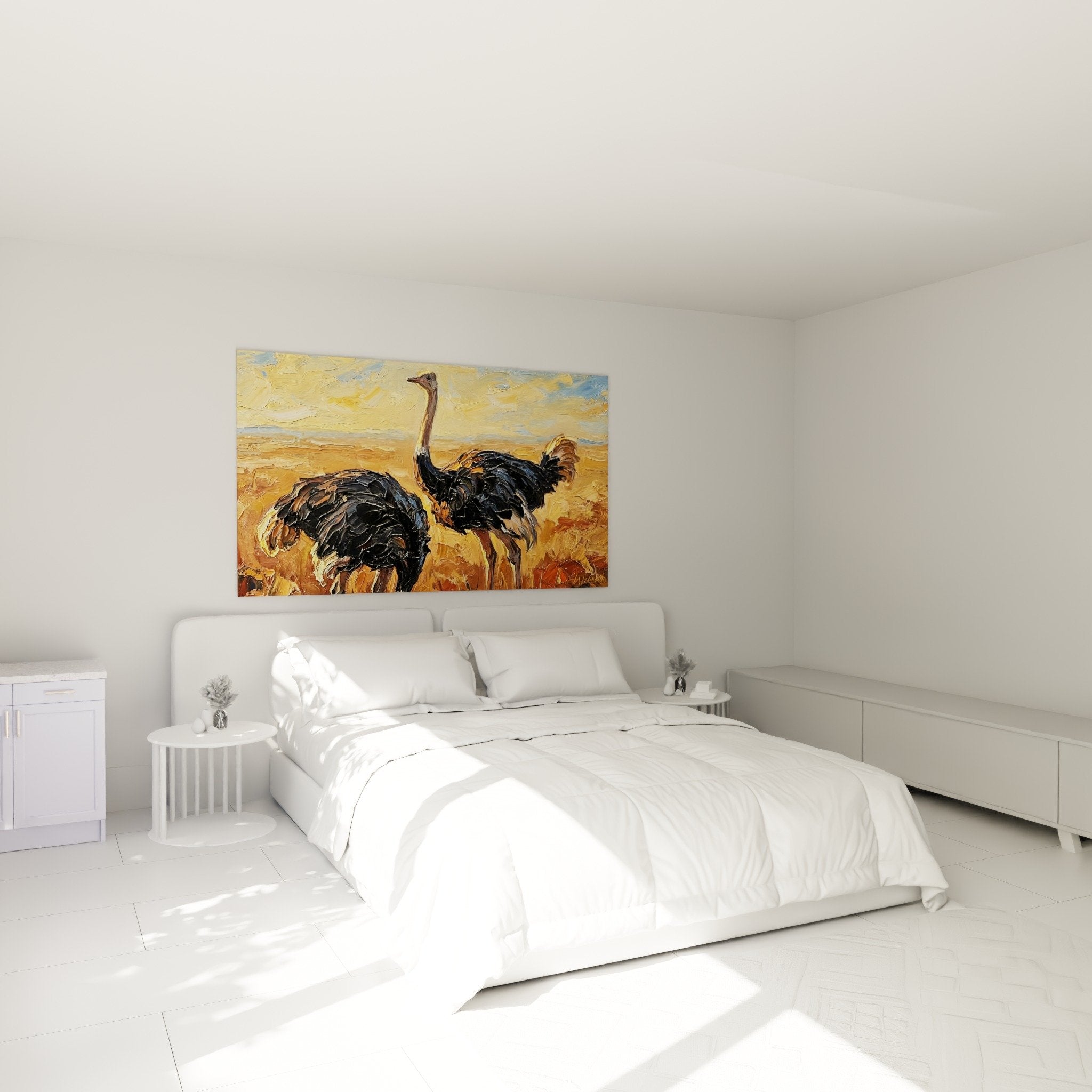 Straußen-Gemälde goldene Savanne an Schlafzimmerwand aufgehängt Wanddekoration zeitgenössische Tierkunst