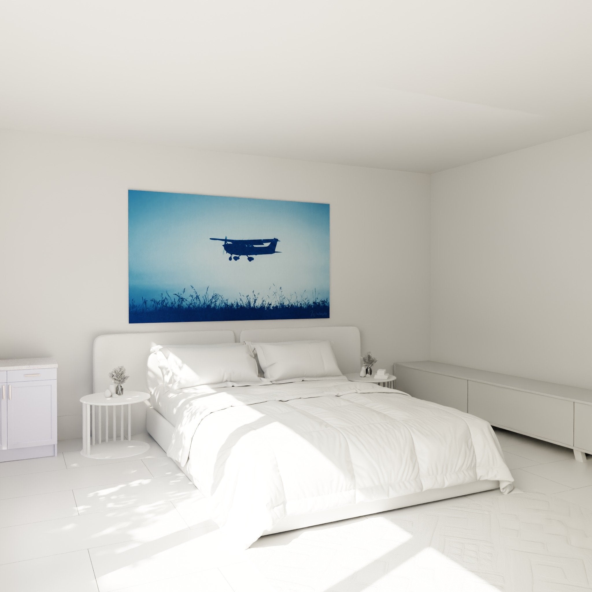decoration murale chambre tableau avion bleu parachutage silhouette aviation art contemporain