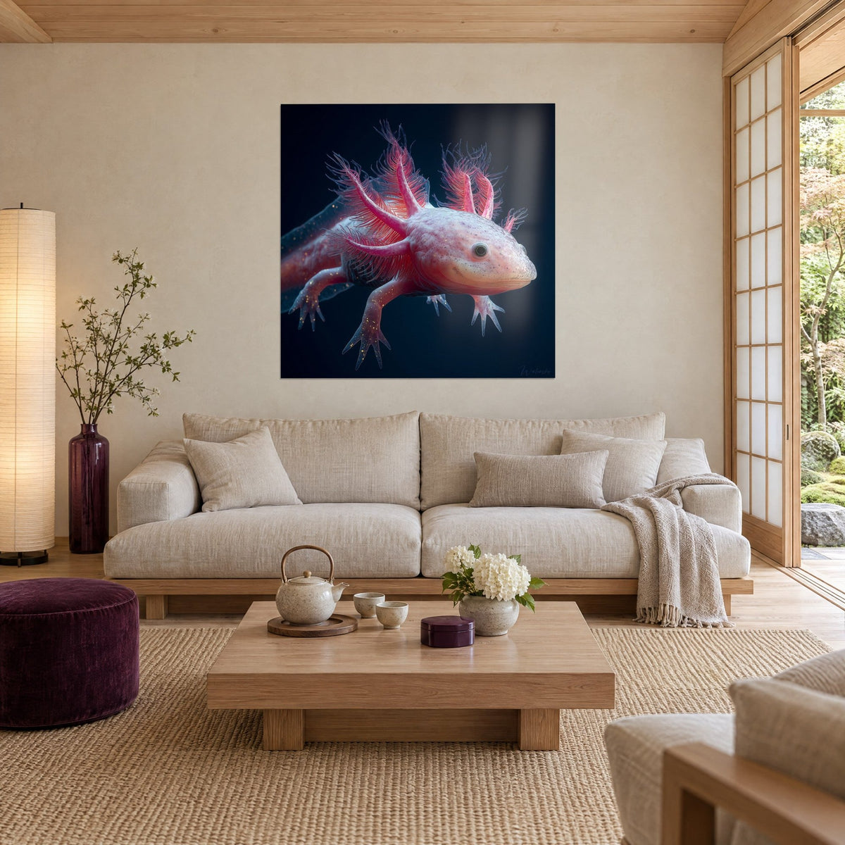 Πίνακας ροζ axolotl με κόκκινα φτερωτά βράγχια σε σκούρο μπλε φόντο, πάνω από καναπέ σε φωτεινό σαλόνι