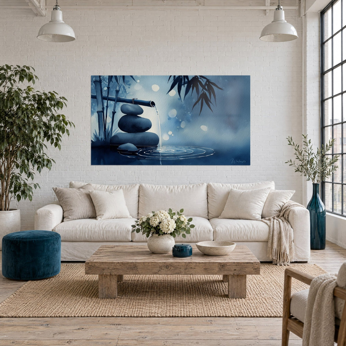 Wall art bamboo fountain pouring a thin stream of water over stacked pebbles, midnight blue and pearl grey, above a sofa in a bright living room