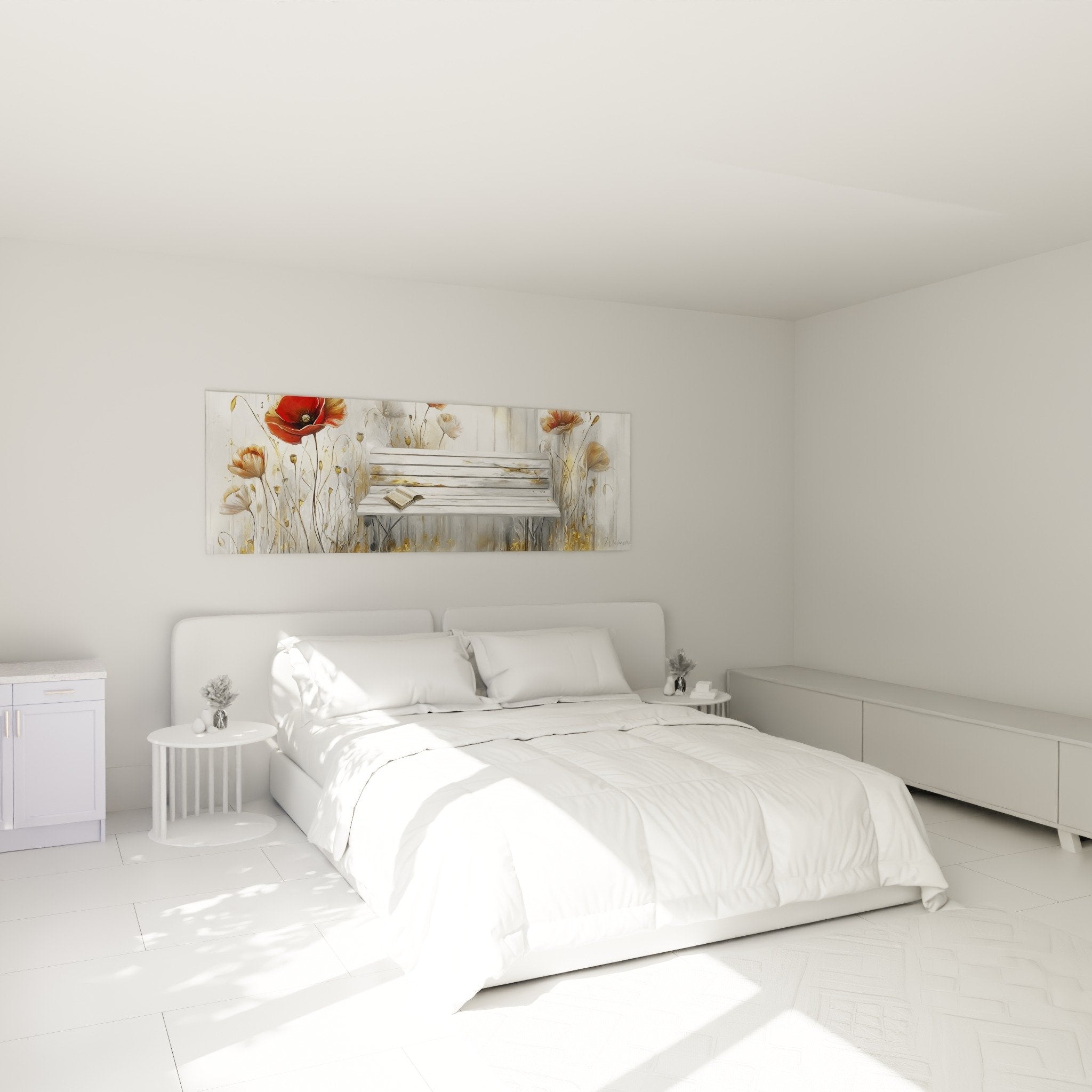 Decorazione murale camera da letto con quadro panchina fiorita papaveri rossi atmosfera romantica e rilassante