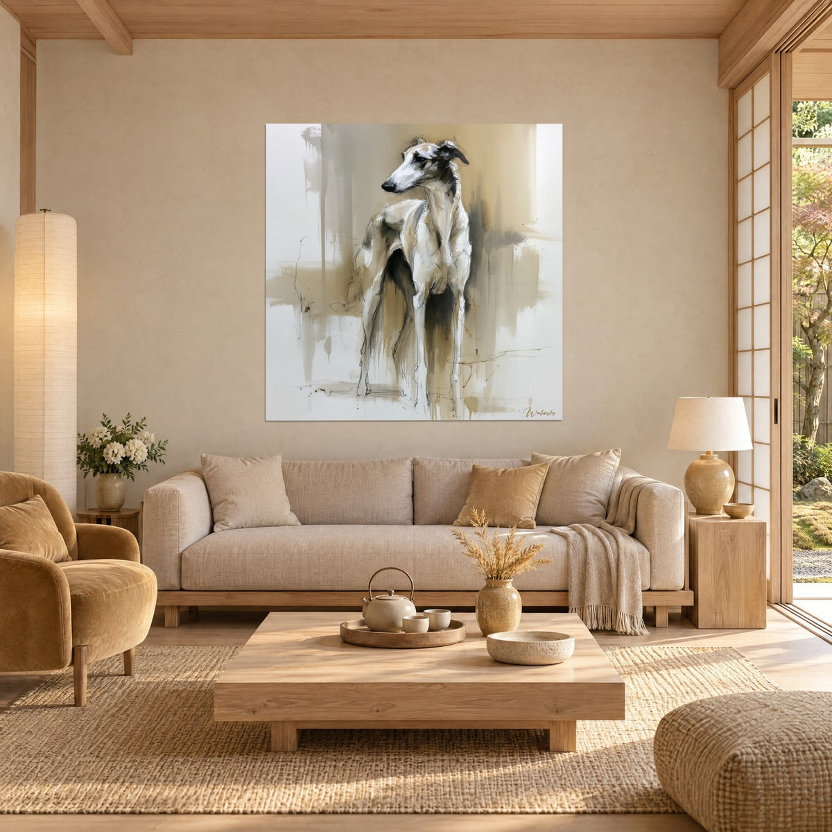 Tableau lévrier russe élancé en aquarelle ivoire et ocre, tête tournée, accroché au-dessus d'un canapé dans un salon lumineux