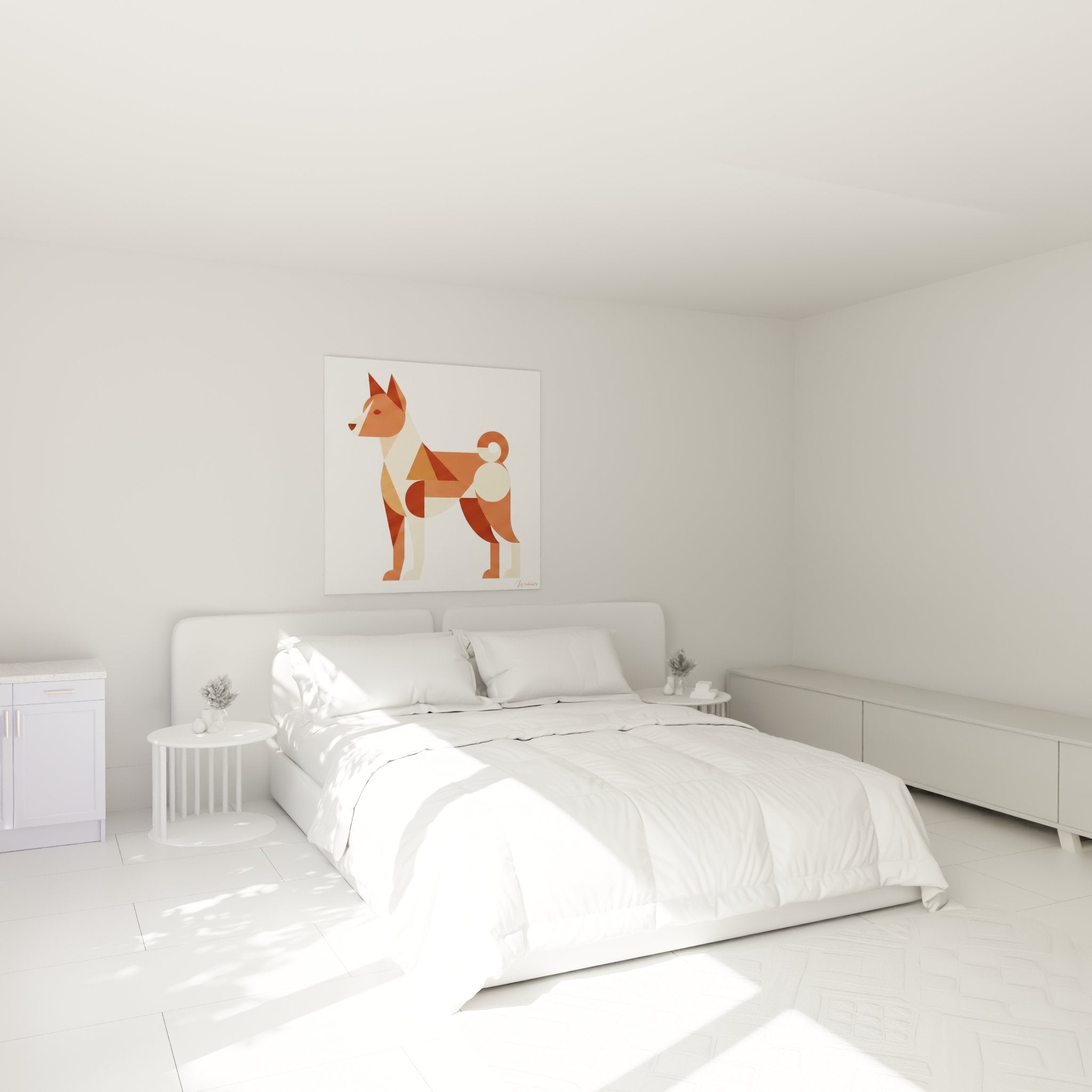 schlafzimmer dekoration basenji gemälde geometrisch rostrot moderne atmosphäre weisse wand bett