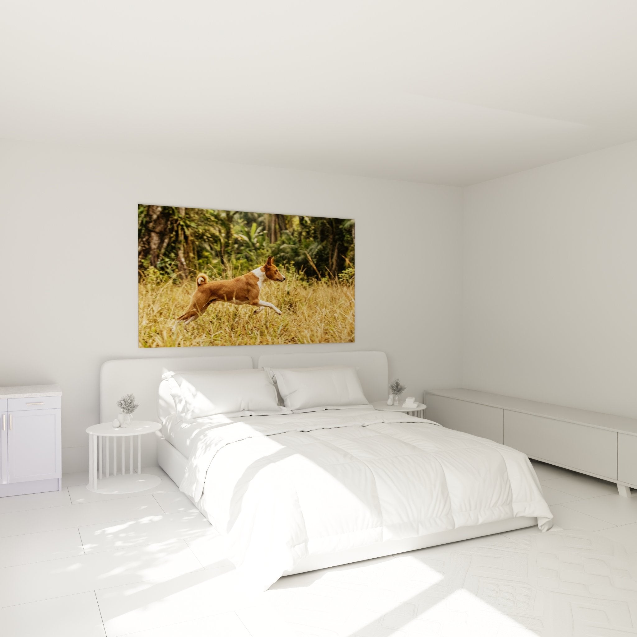 Tableau mural Basenji en course dans chambre moderne, décoration nature tons dorés et roux