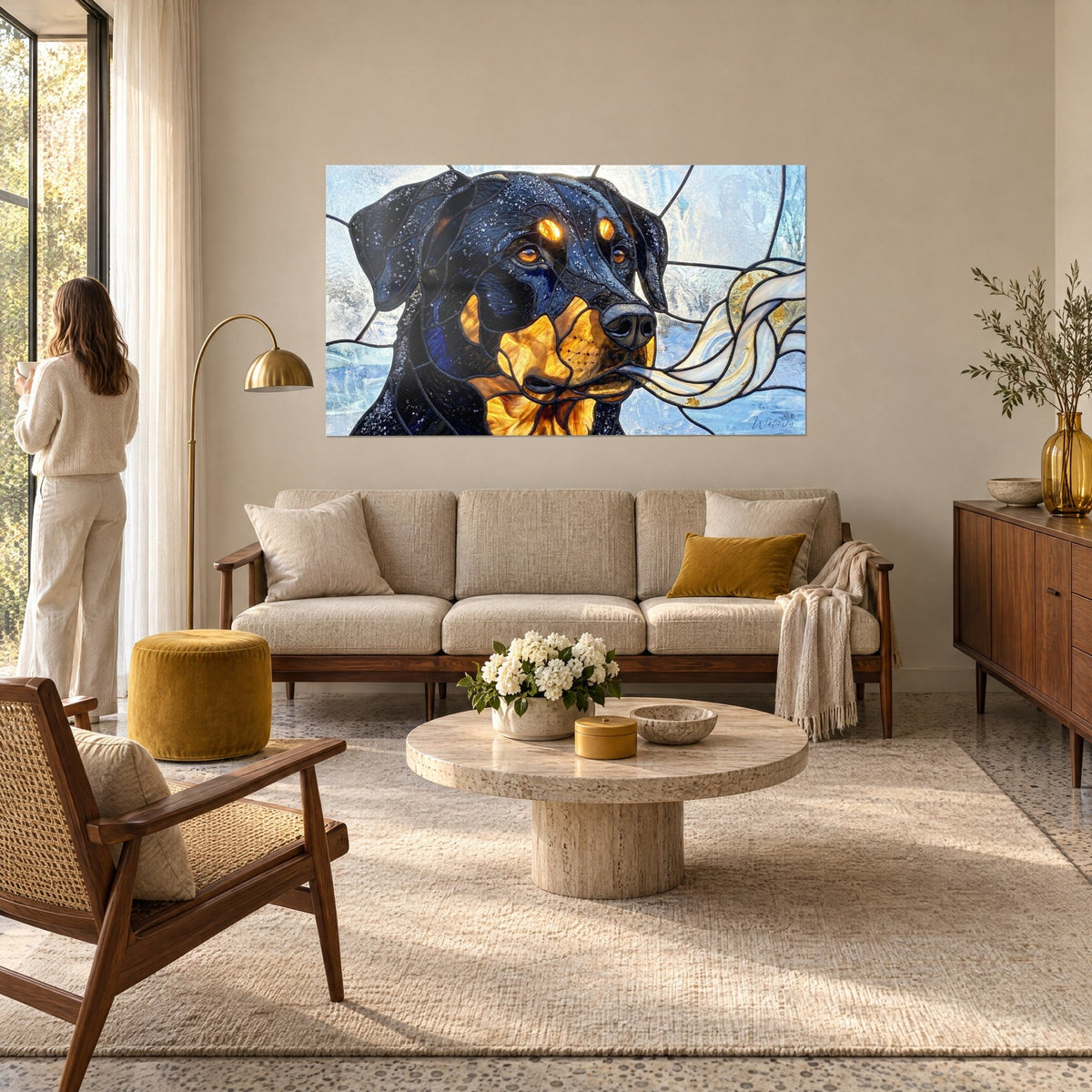 Gemälde Schwarzer Hund im Glasmosaik, rehbraune und mitternachtsblaue Schnauze, perlmuttfarbene Schleife rechts, über einem Sofa in einem hellen Wohnzimmer