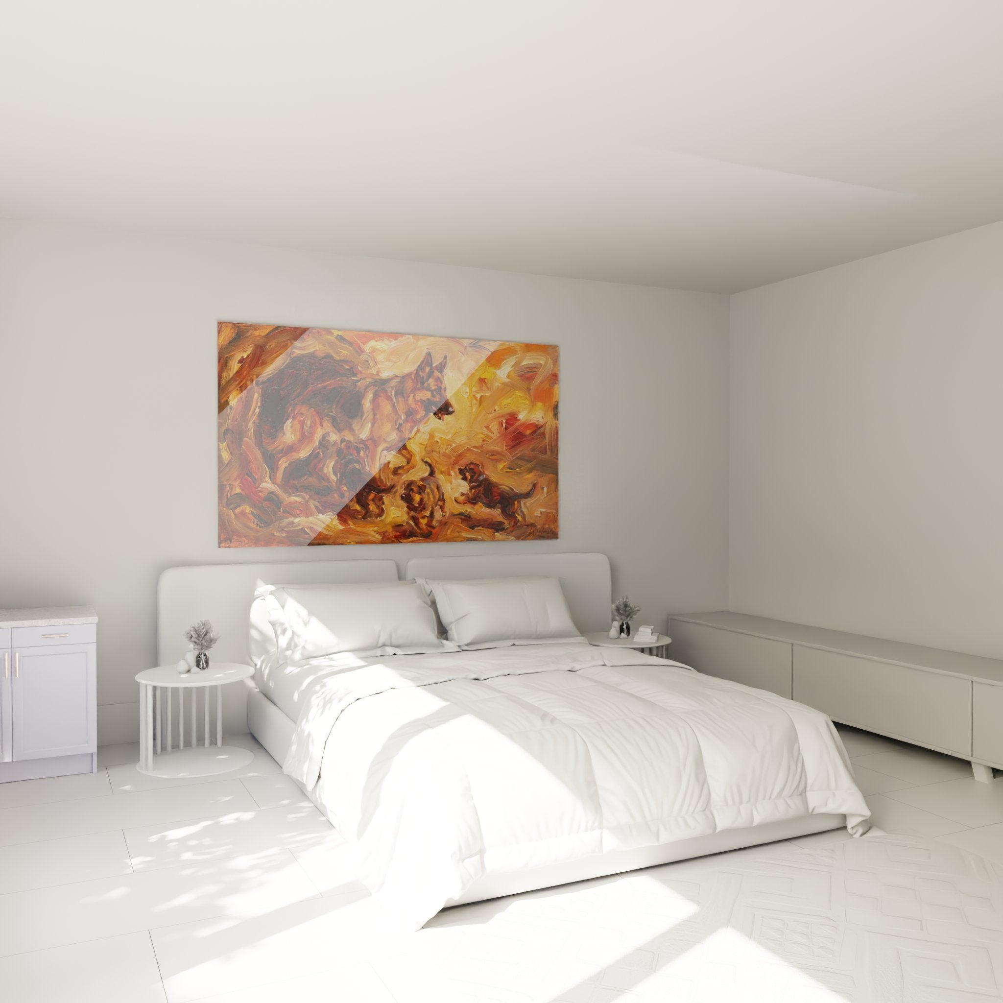 Decorazione camera da letto con quadro pastore tedesco espressionista colori caldi atmosfera accogliente