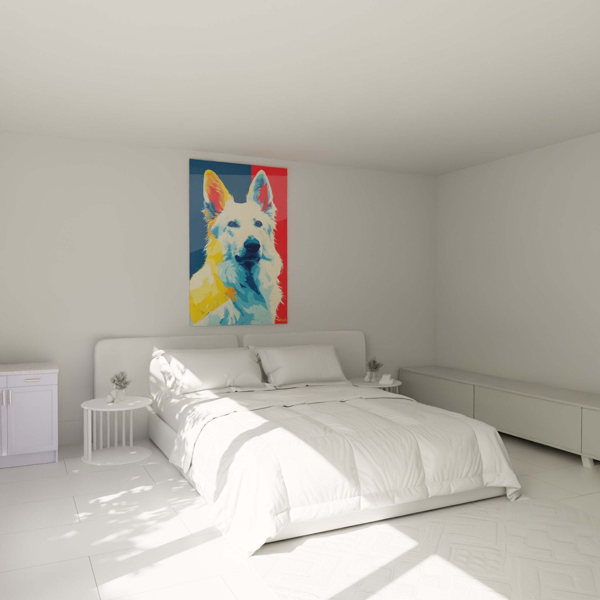 Tableau Berger Blanc Suisse coloré accroché au mur d'une chambre moderne avec déco contemporaine épurée