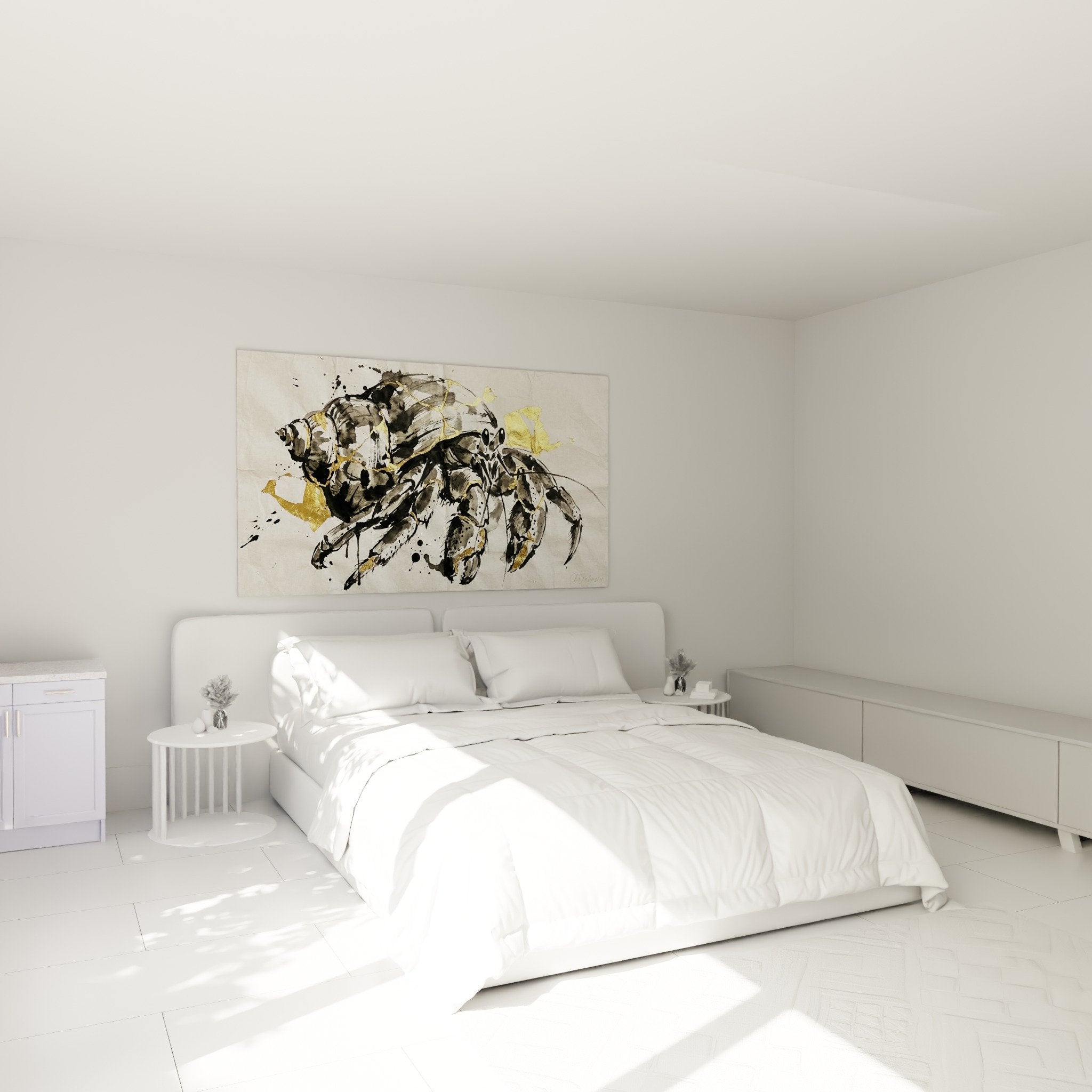 Gemälde bernard-l'hermite vergoldet in modernem Schlafzimmer mit weißen Wänden und zeitgenössischen Möbeln