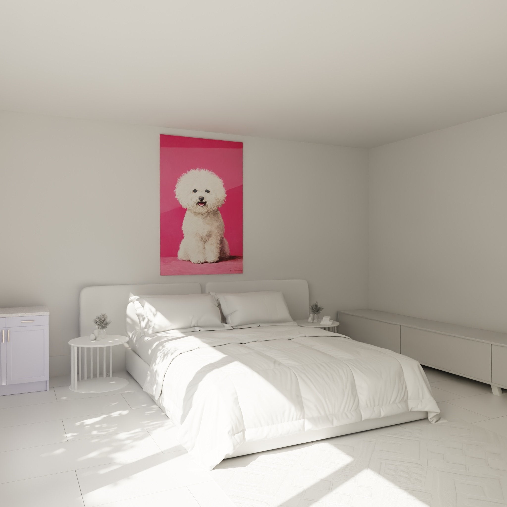 deco chambre tableau chien bichon frise blanc rose mur decoration murale moderne