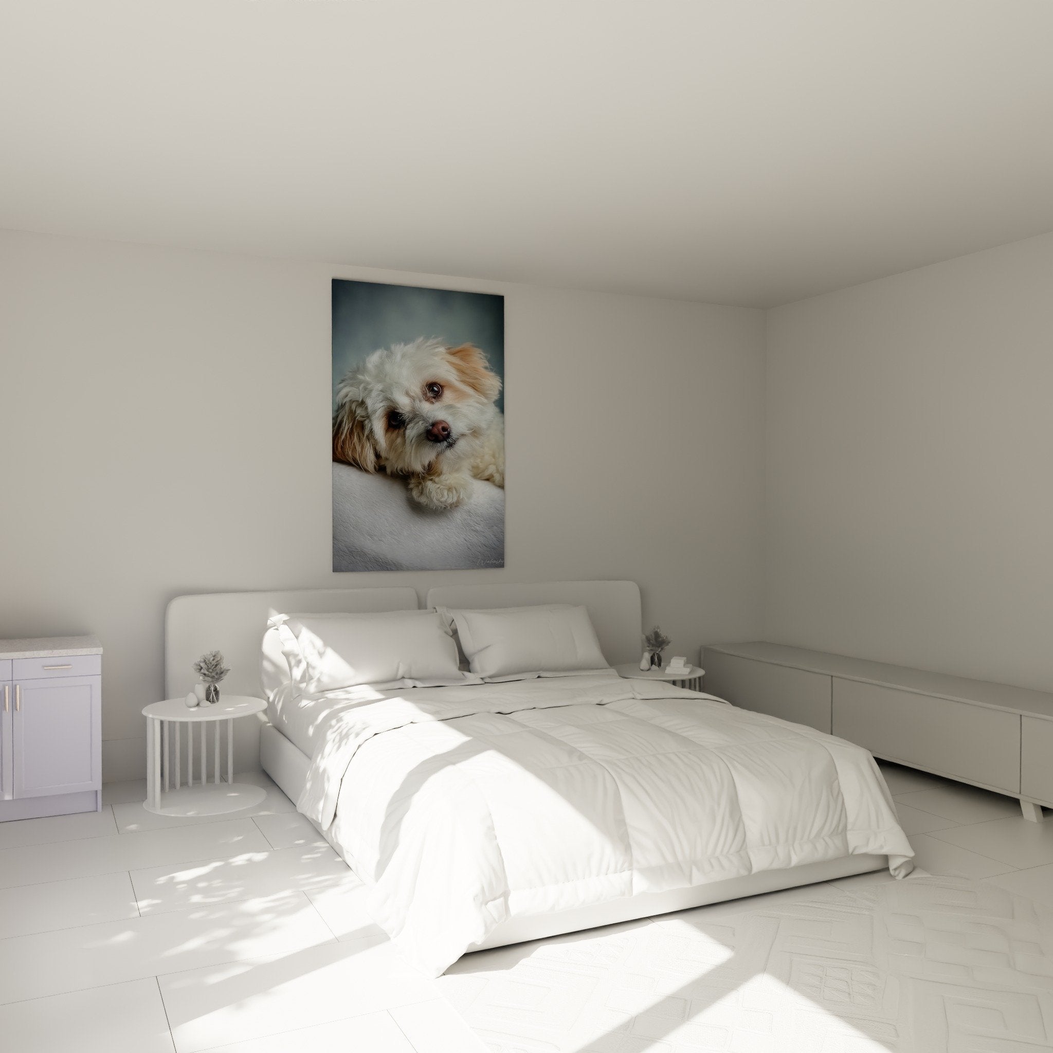 Décoration chambre avec tableau Bichon Havanais blanc, ambiance cocooning, tons neutres, art mural animalier
