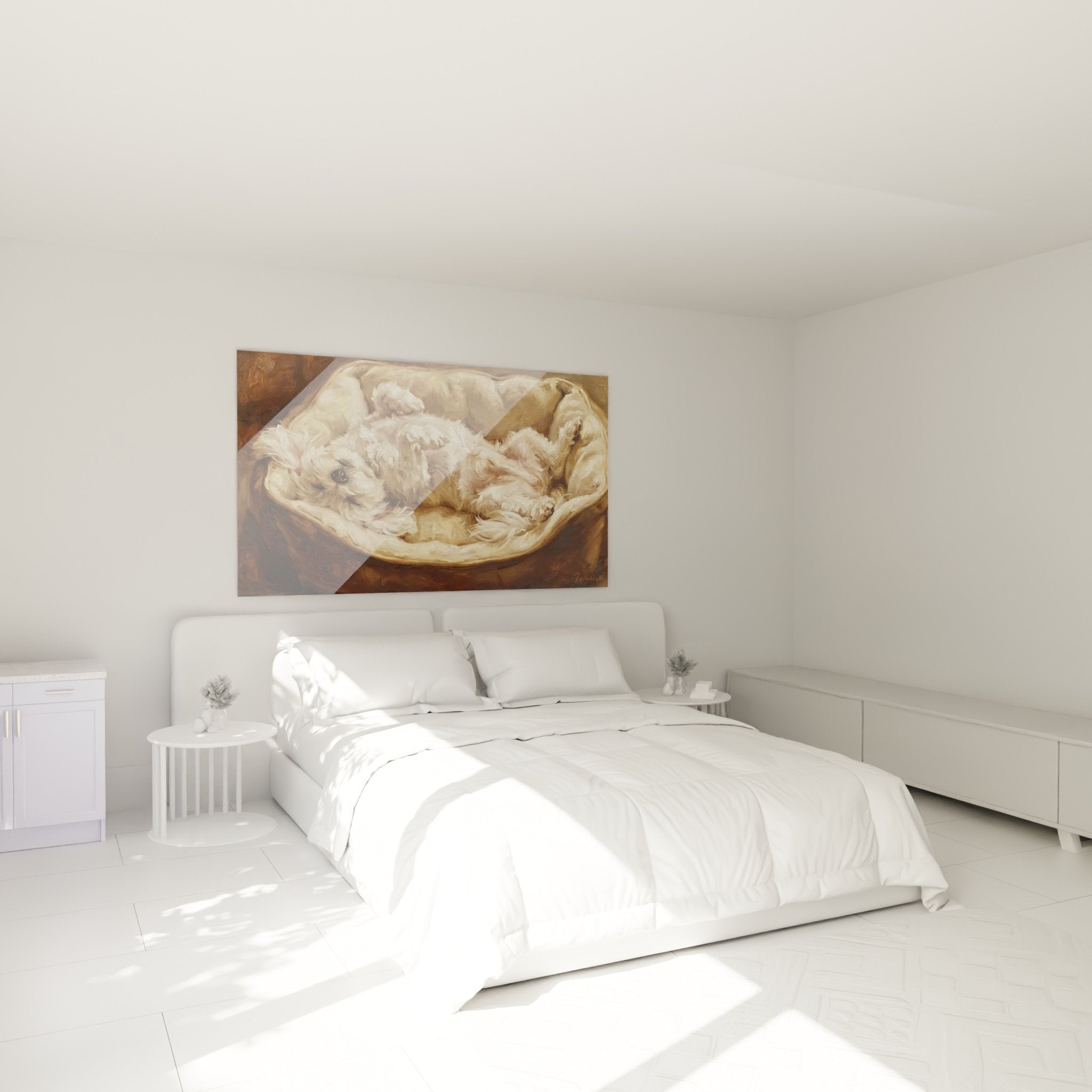 Décoration murale chambre tableau Bichon Maltais endormi panier ambiance chaleureuse cosy