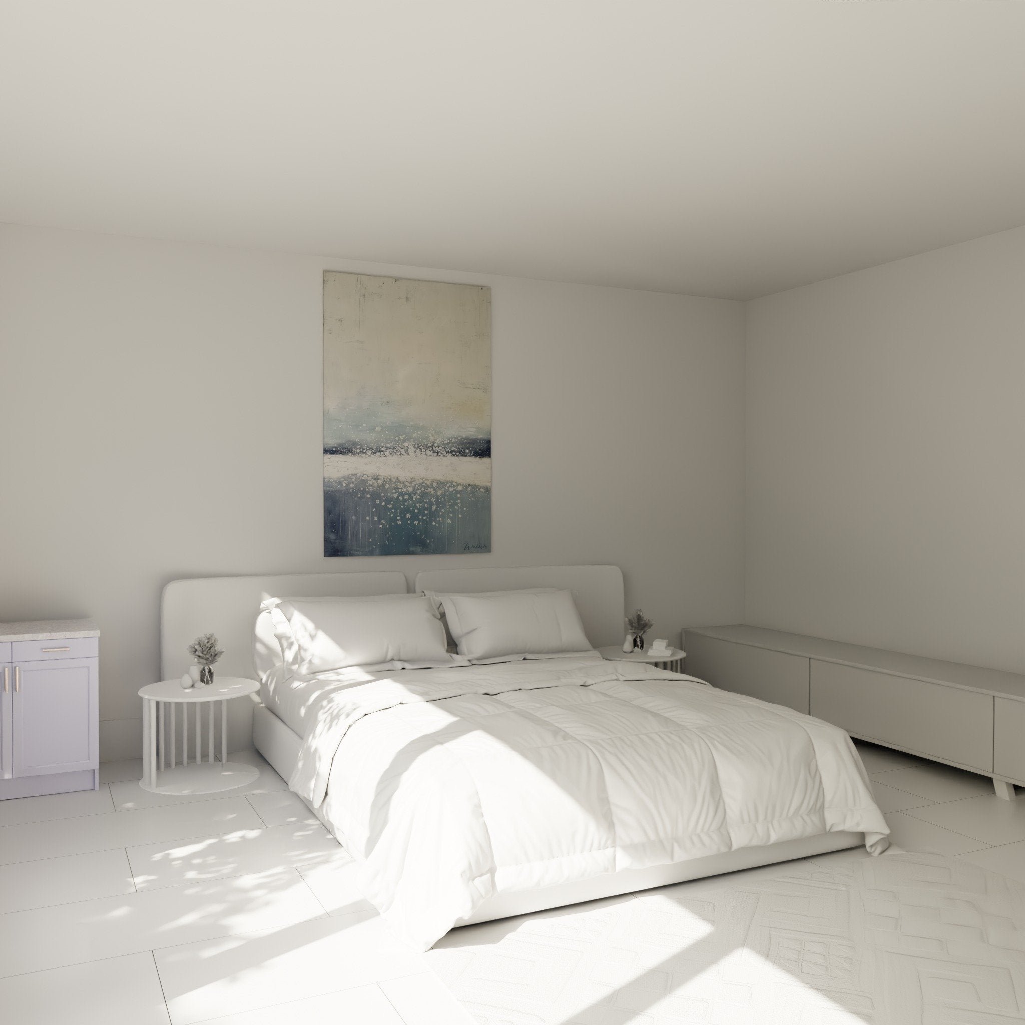 Abstract blue beige bedroom wall art white flowers zen feng shui west metal decor