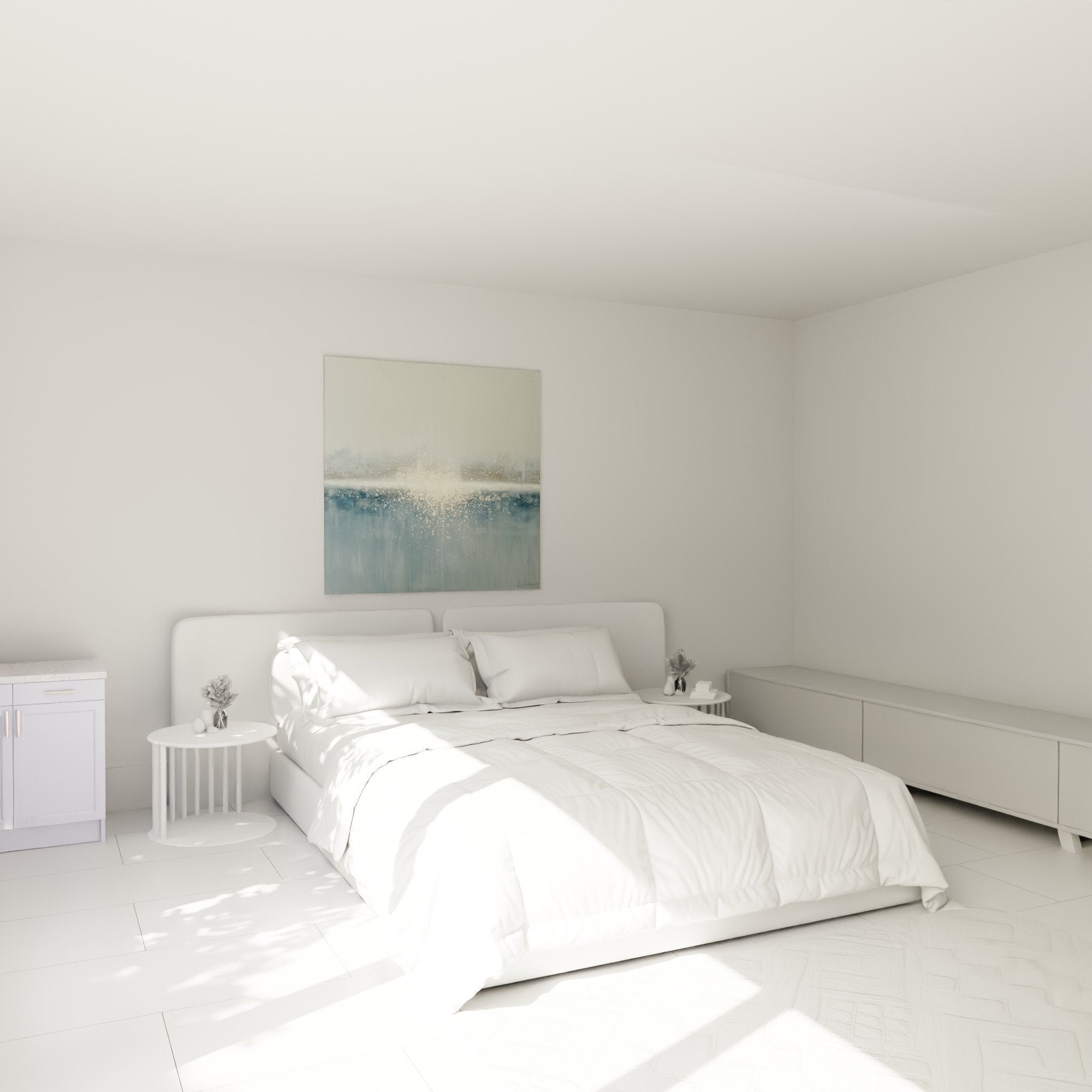 Bedroom decor with abstract wall art blue harmonies and luminous golden accents soothing atmosphere