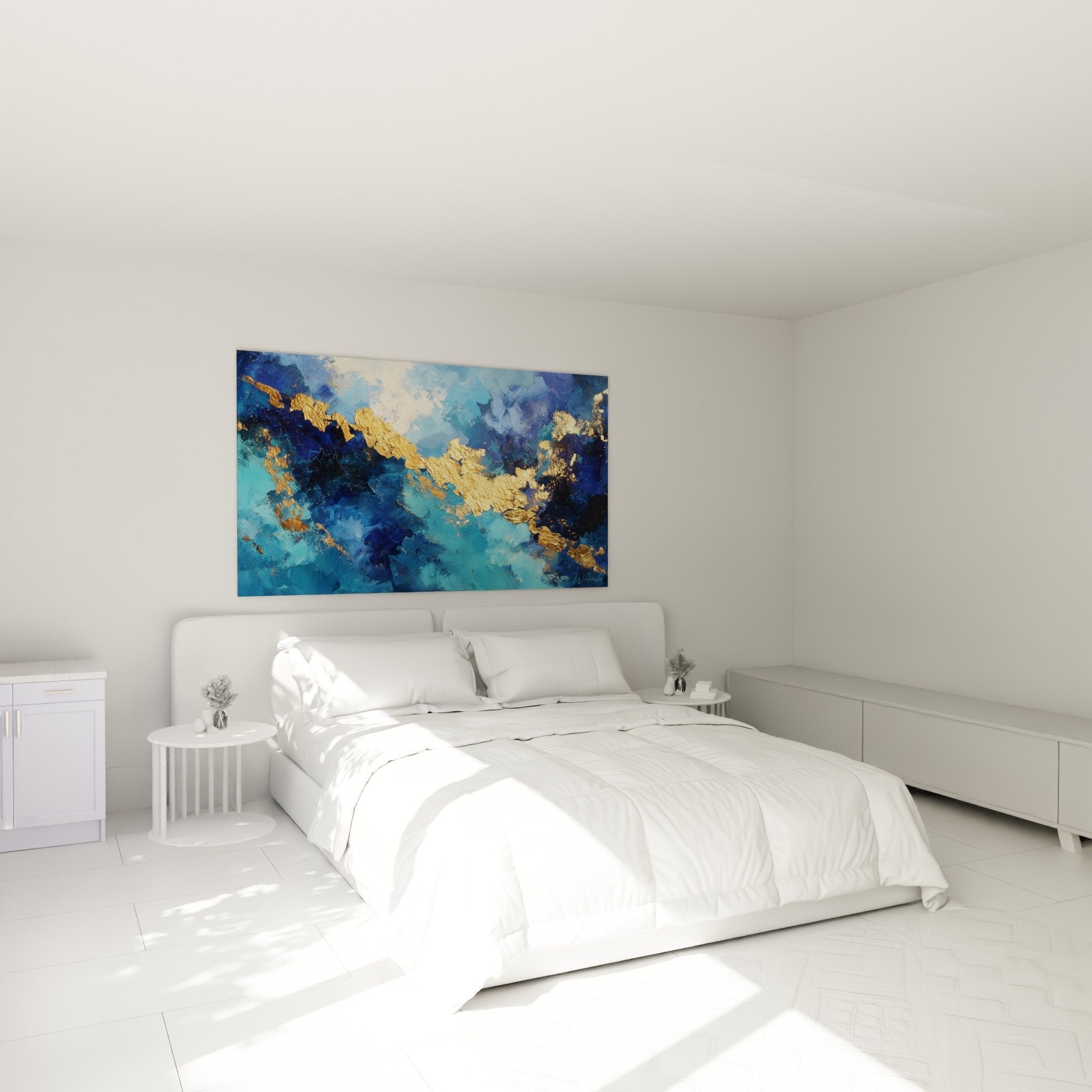 Decoration murale abstraite bleue et doree dans chambre moderne ambiance feng shui nord eau