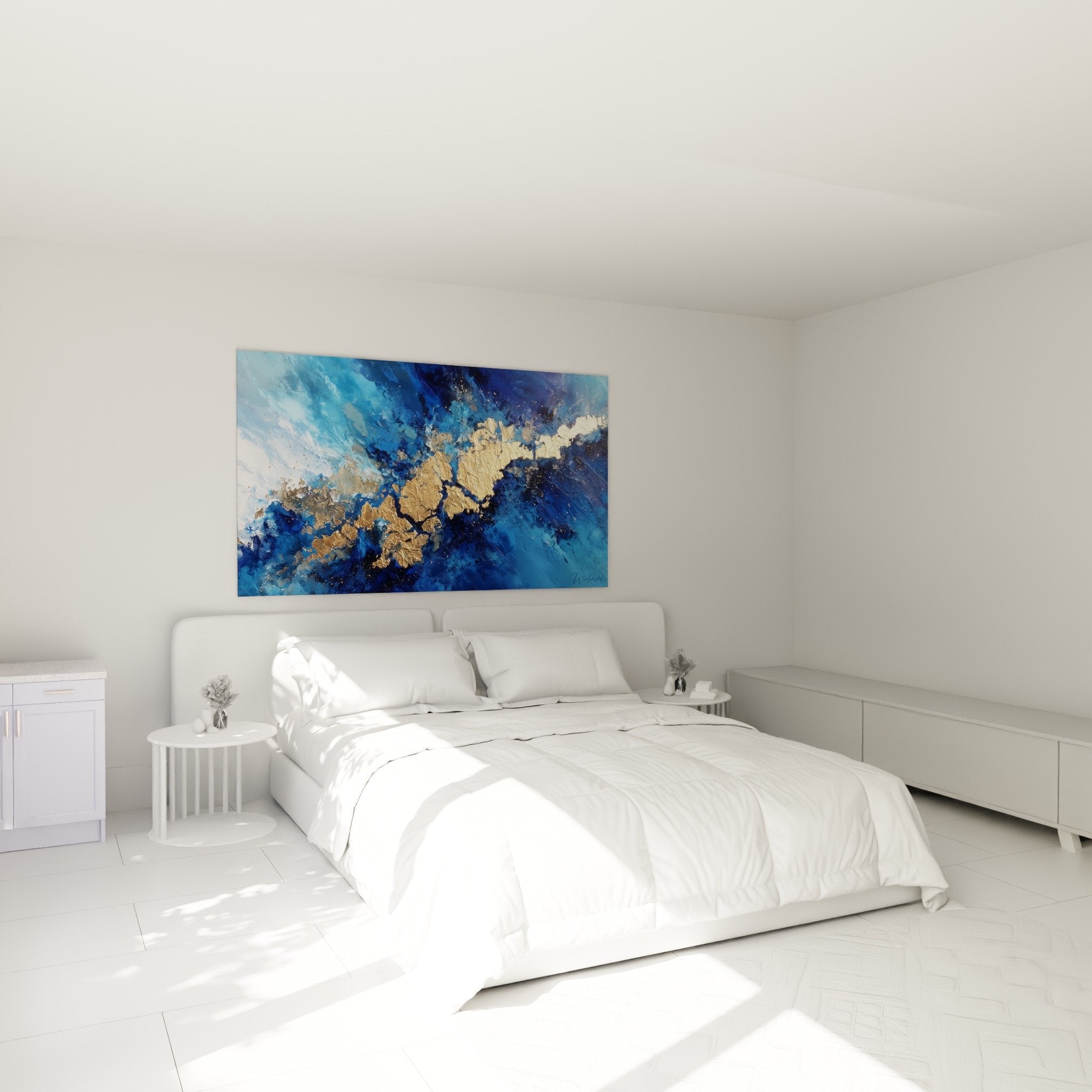 Décoration chambre avec tableau abstrait bleu océan et touches dorées pour ambiance zen