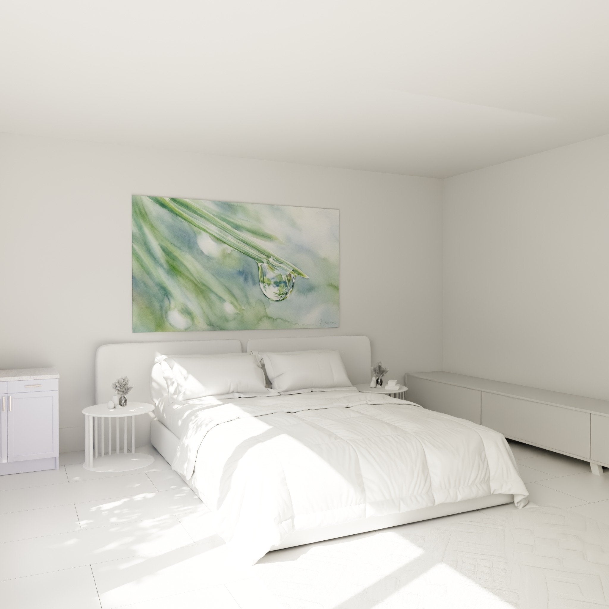 tableau bonsai goutte eau aquarelle chambre decoration murale apaisante vert bleu zen