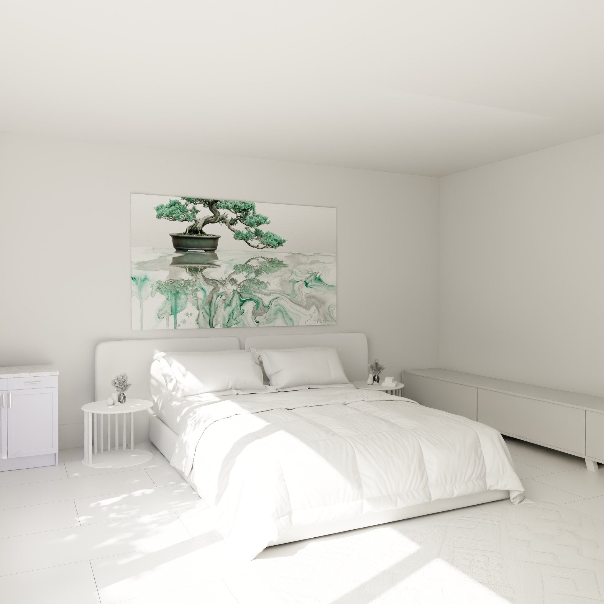 Decoration chambre zen tableau bonsai aquarelle verte au dessus lit blanc ambiance apaisante
