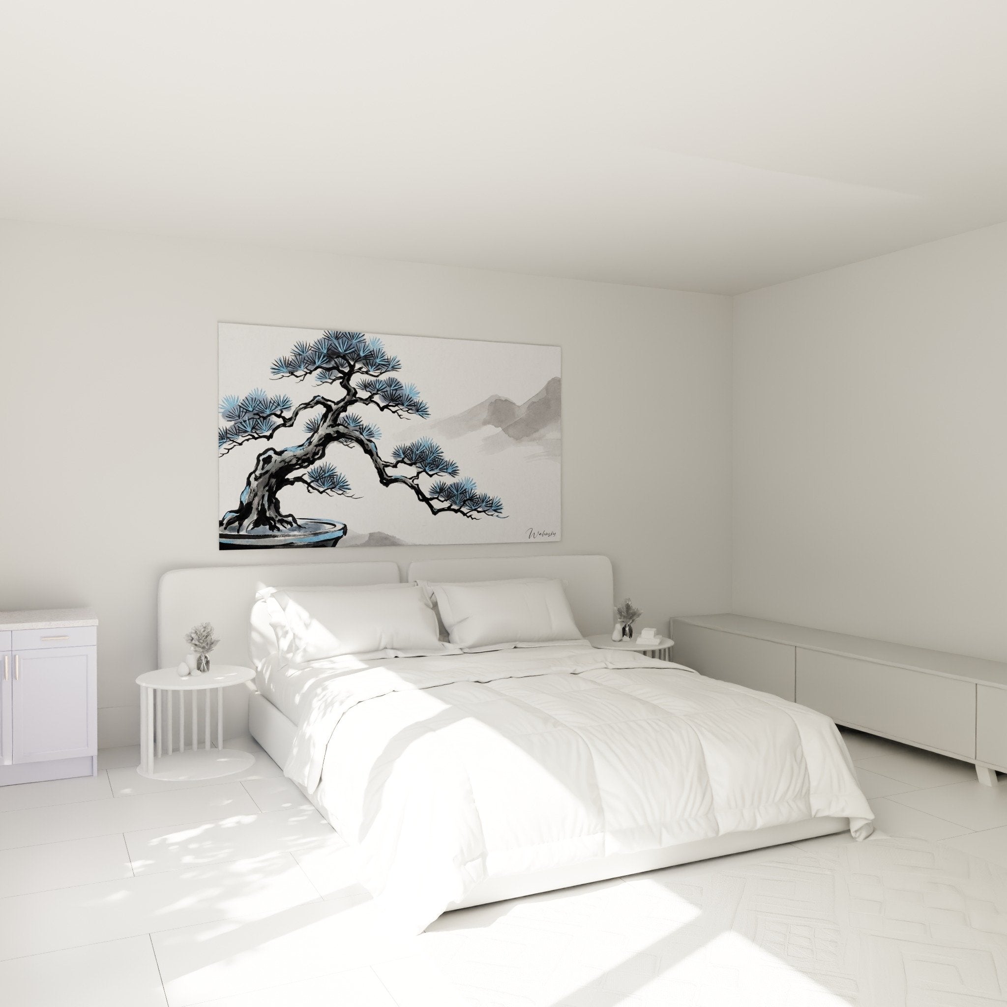 Décoration chambre avec tableau bonsaï bleu et gris, ambiance zen et apaisante