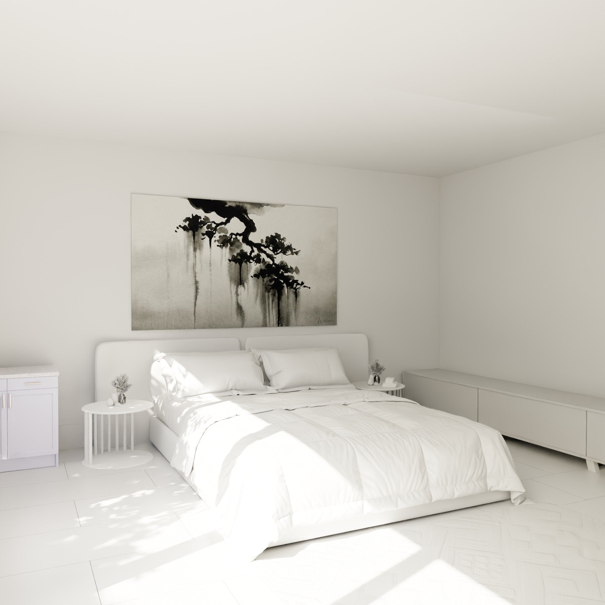 Tableau bonsai encre noire coulures chambre deco murale zen minimaliste gris