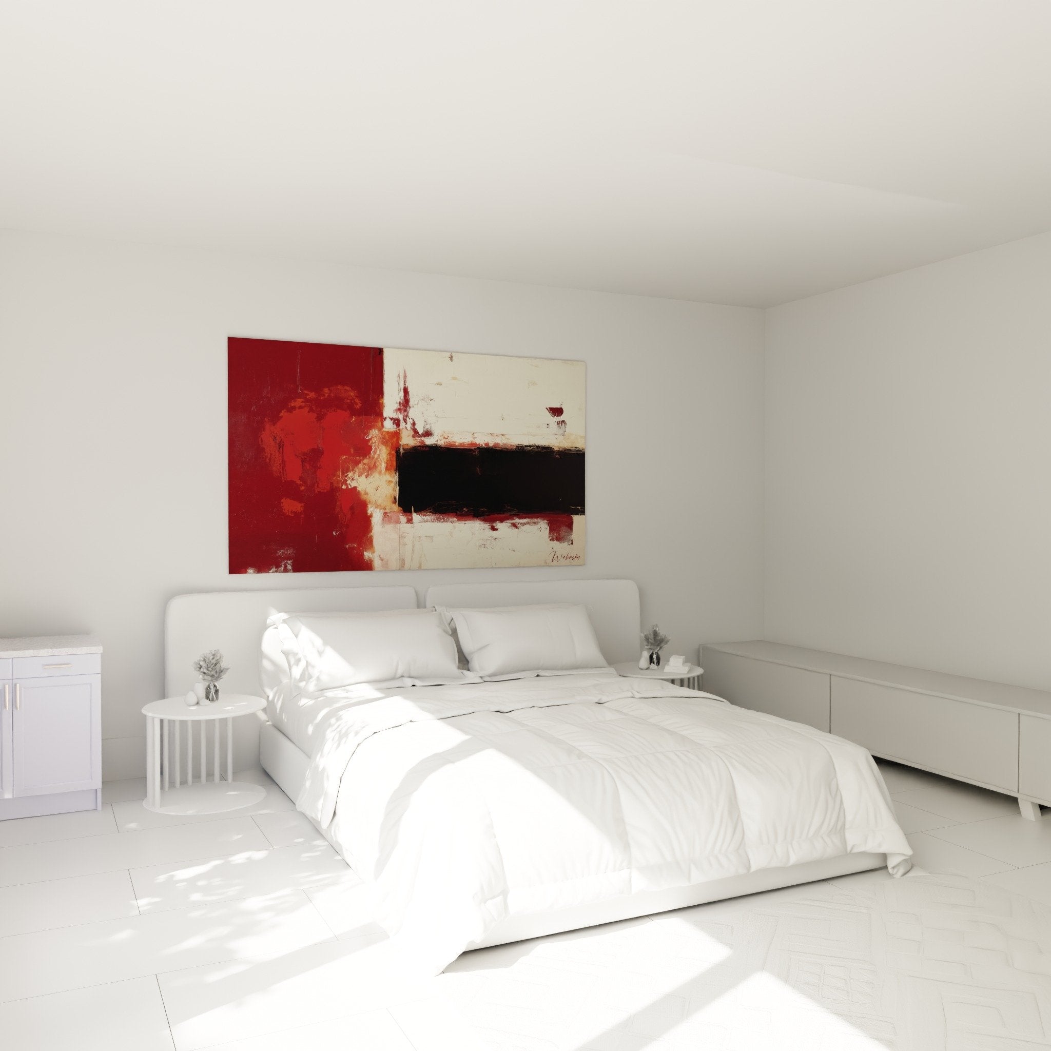 Wanddekoration Schlafzimmer abstraktes Gemälde Bordeaux-Beige-Töne warme Atmosphäre Feng Shui