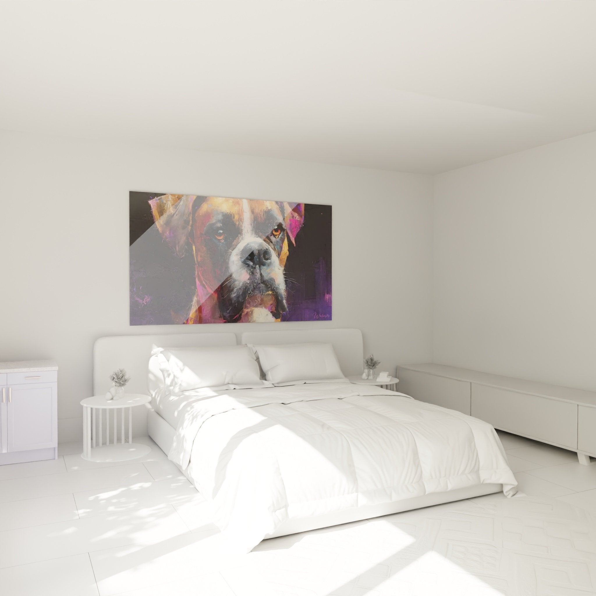 Buntes Boxer-Porträt-Wandbild dekoriert ein zeitgenössisches Schlafzimmer in neutralen Tönen