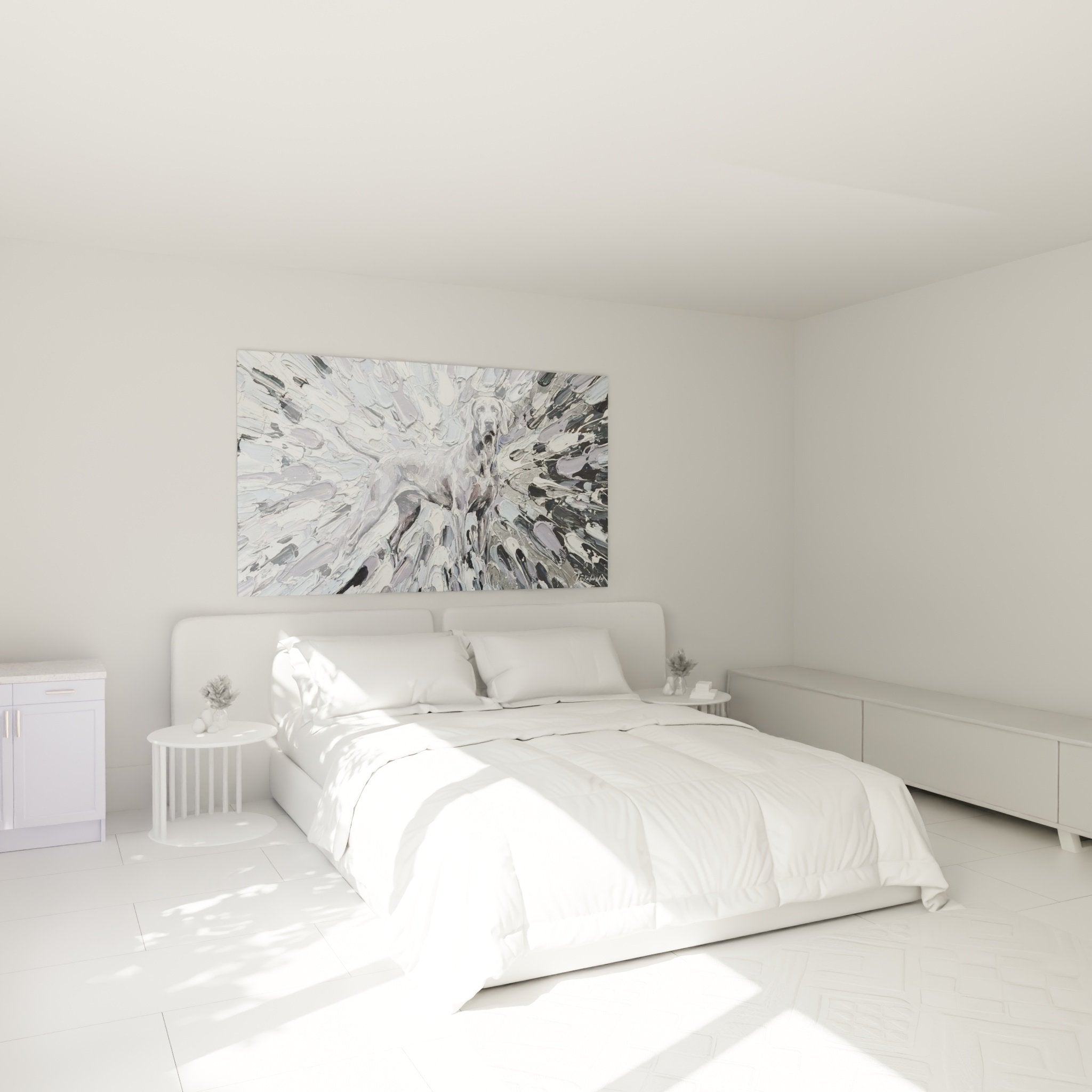 Decoration murale chambre avec tableau Braque de Weimar explosion artistique couleurs douces ambiance contemporaine