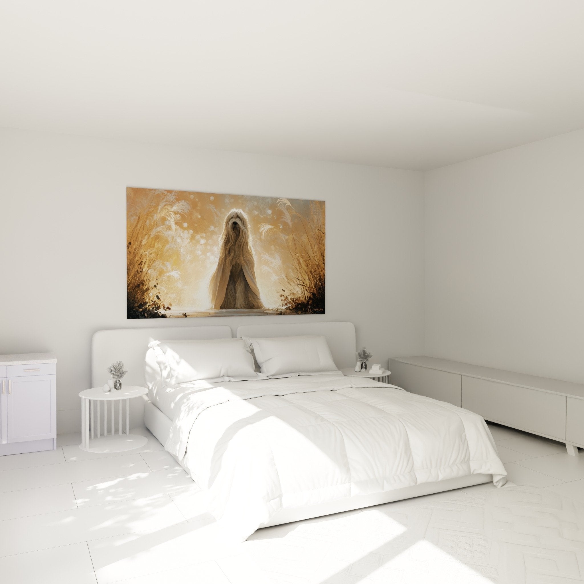 Décoration murale chambre avec Briard doré créant une ambiance apaisante et cocooning dans la pièce