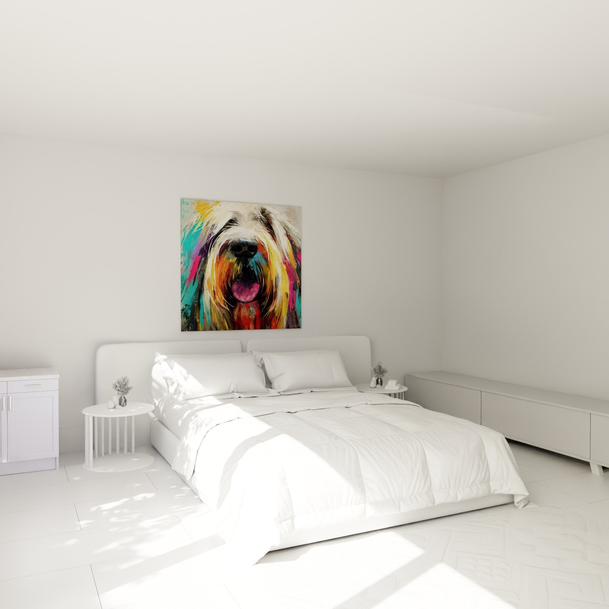 Tableau coloré de Briard dans chambre moderne mur blanc décoration contemporaine