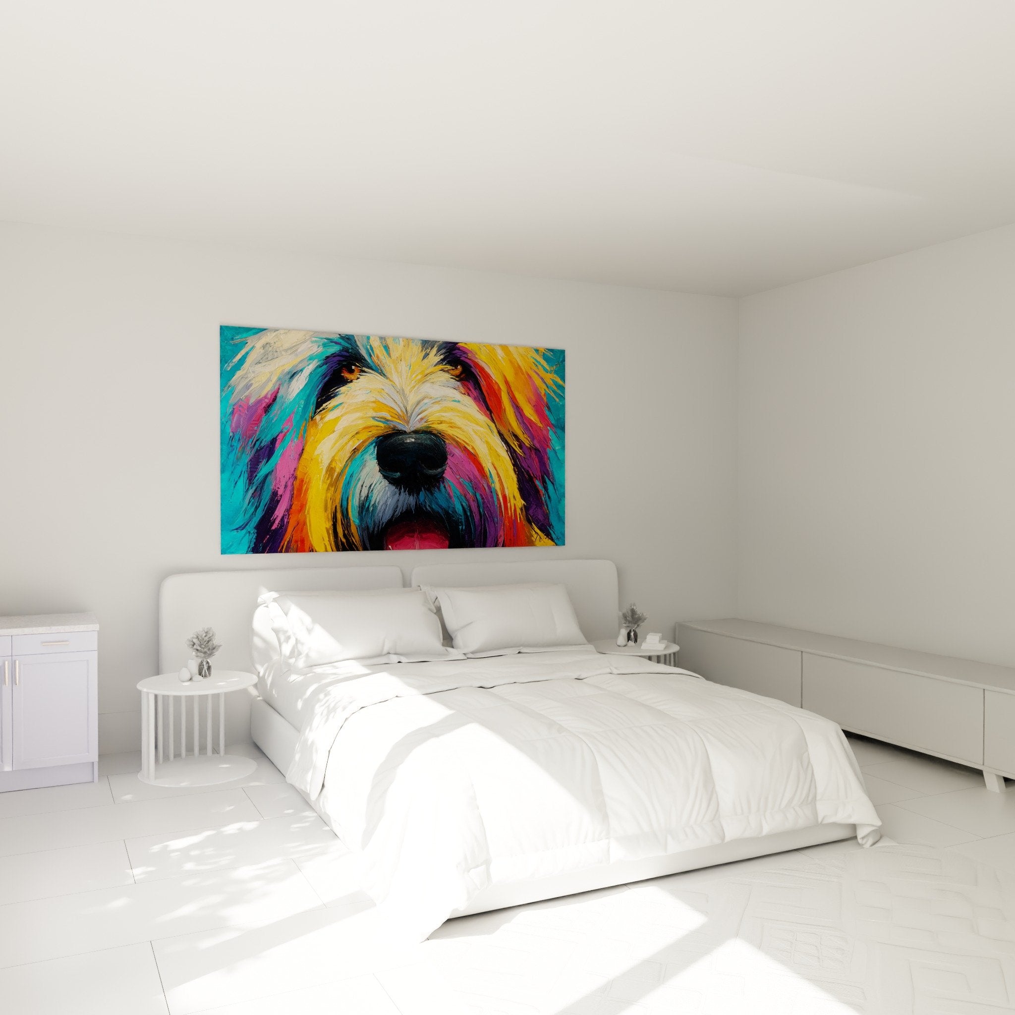 Tableau Briard multicolore dans chambre moderne, decoration murale coloree chien poils longs