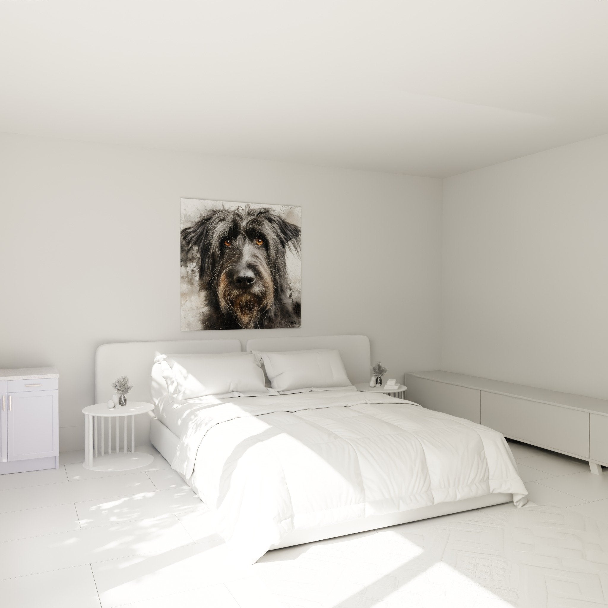 Tableau briard yeux ambrés accroché chambre décoration murale portrait chien réaliste ambiance cosy