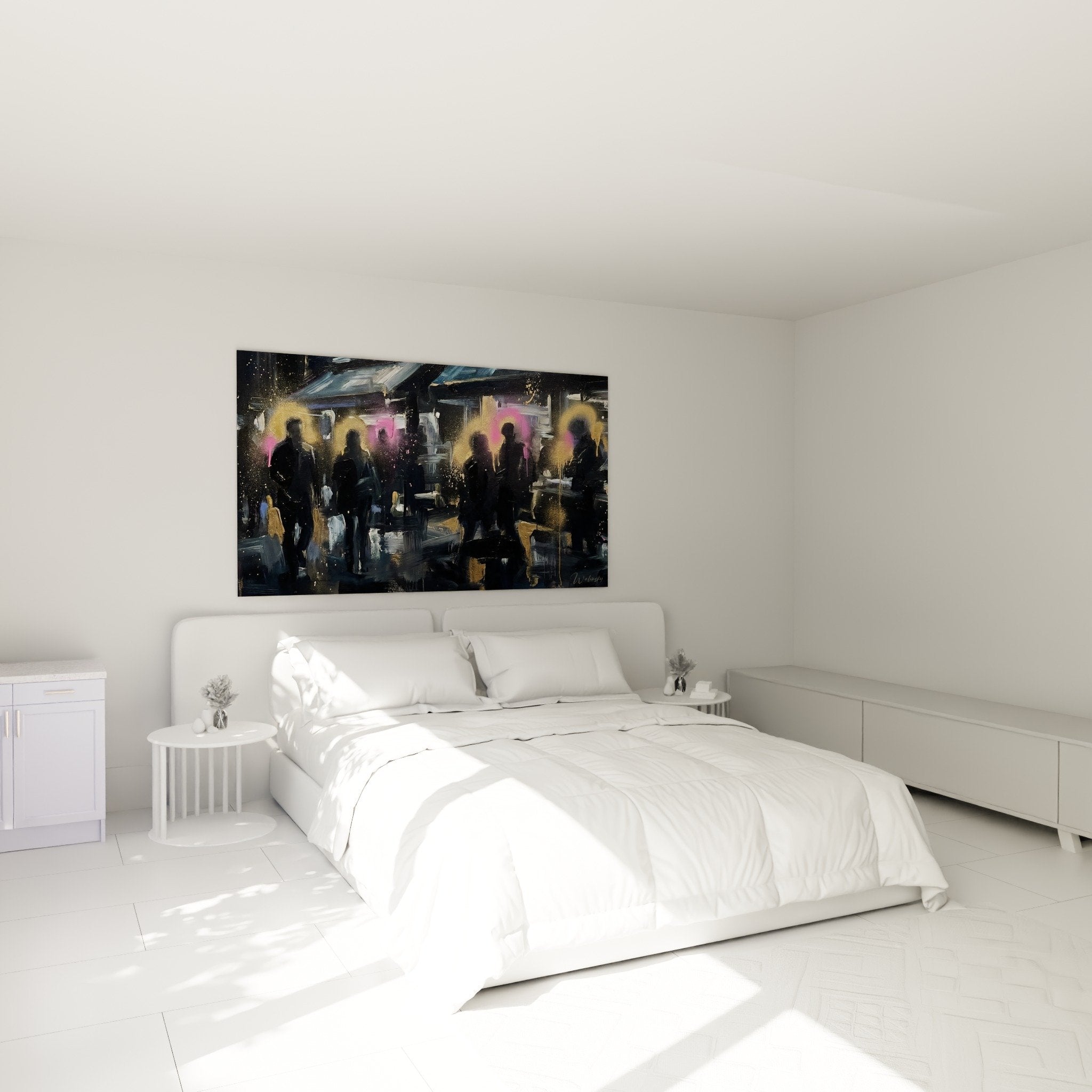 Décoration chambre tableau urbain Brooklyn silhouettes colorées ambiance métropole nocturne art contemporain