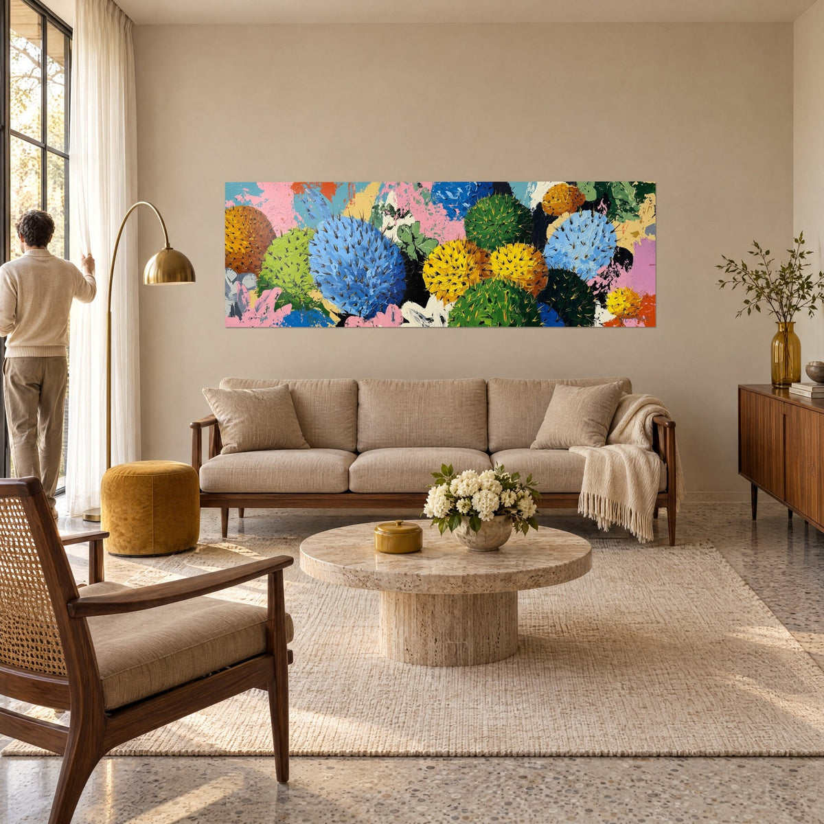 Wall art round cacti with blue and yellow spines on splashed pink background, a man seen from behind above a sofa in a bright living room