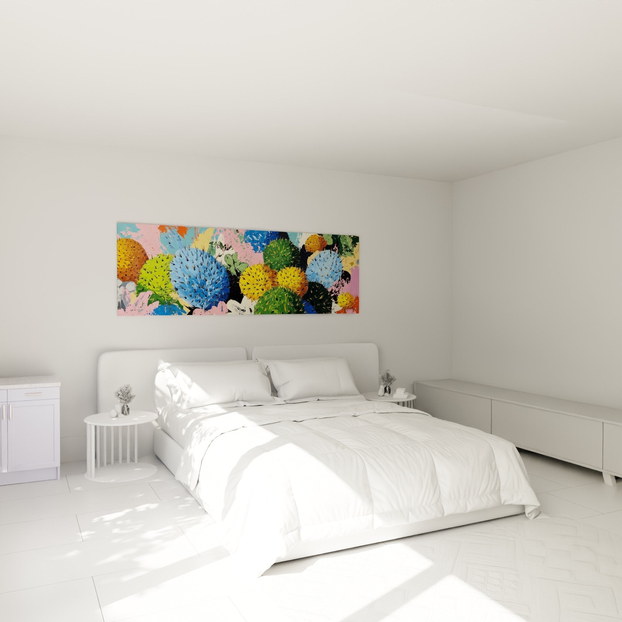 Tableau cactus colorés décorant chambre moderne murs blancs ambiance tropicale contemporaine