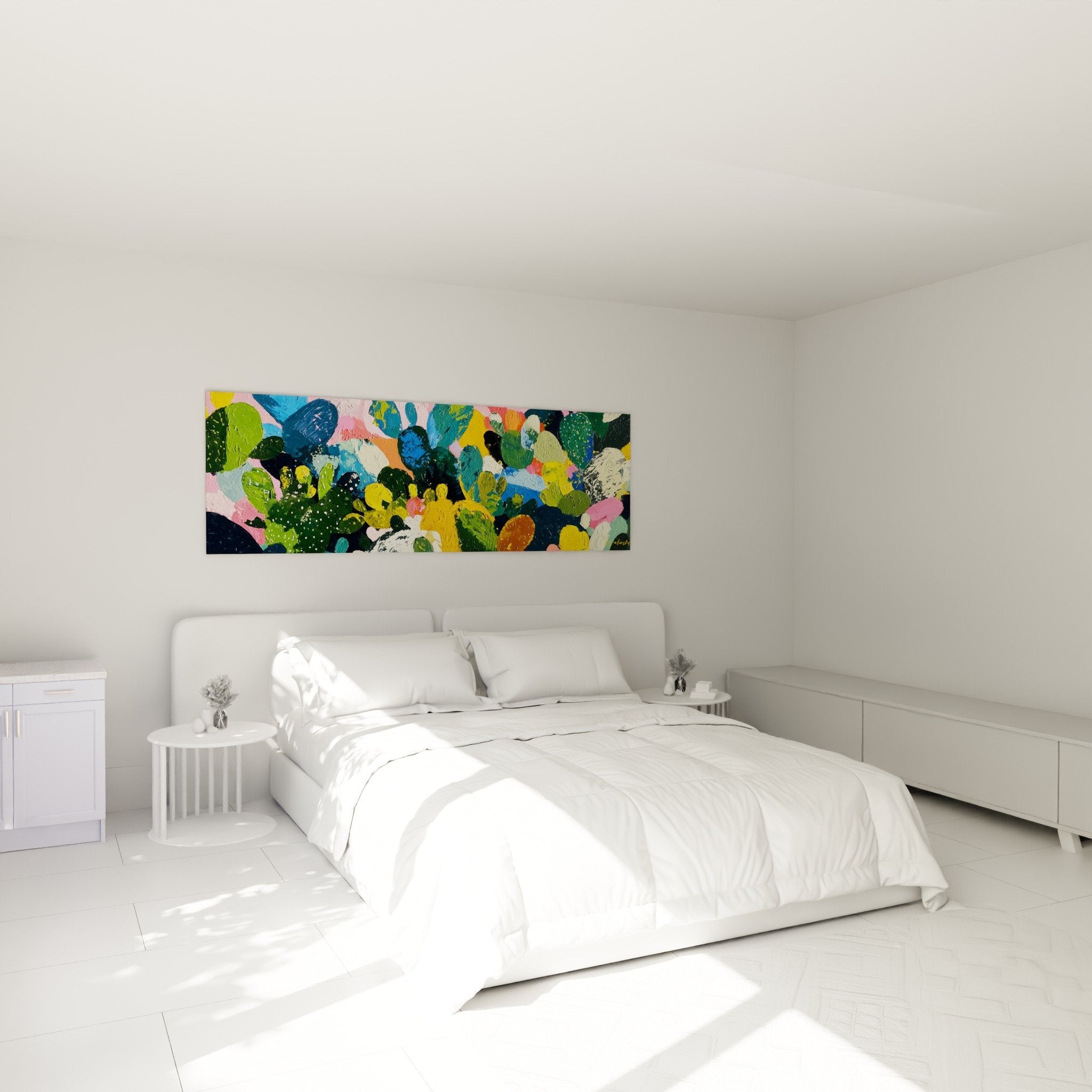 Tableau cactus colorés cubisme dans chambre moderne, décoration murale végétale contemporaine