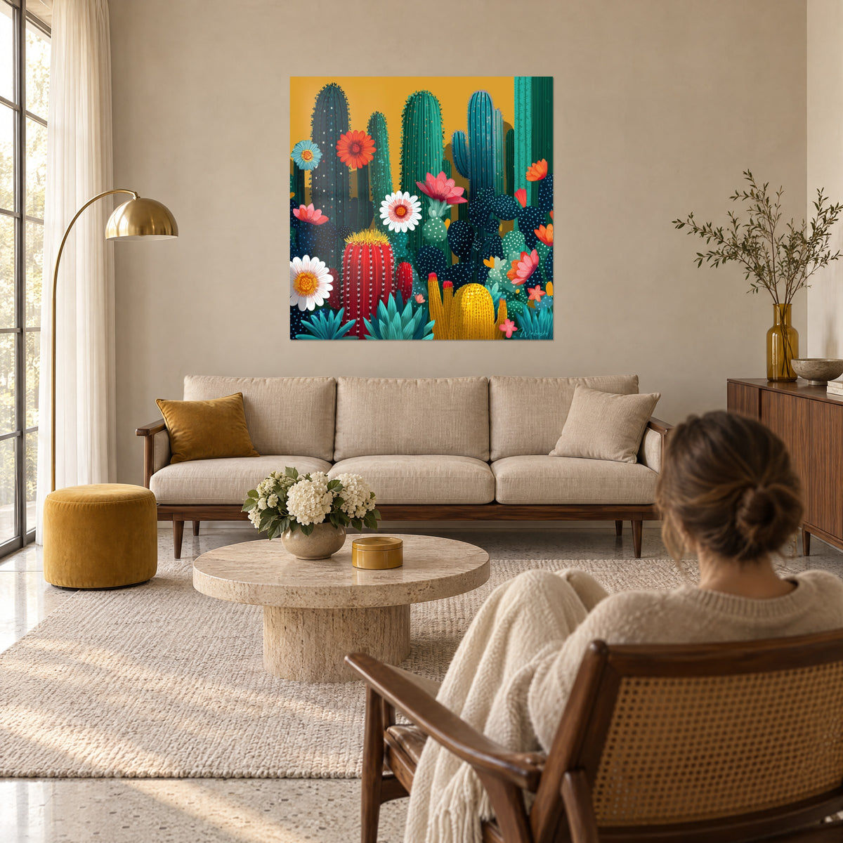 Gemälde mit riesigen Kakteen in Tannengrün unter einem senfgelben Himmel, orangefarbene und weiße Blüten, über einem Sofa in einem hellen Wohnzimmer