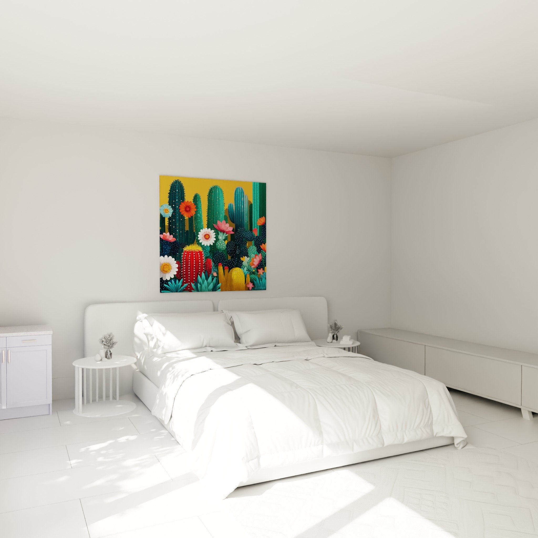 Tableau cactus cubiste dans chambre moderne, décoration murale colorée avec fleurs exotiques