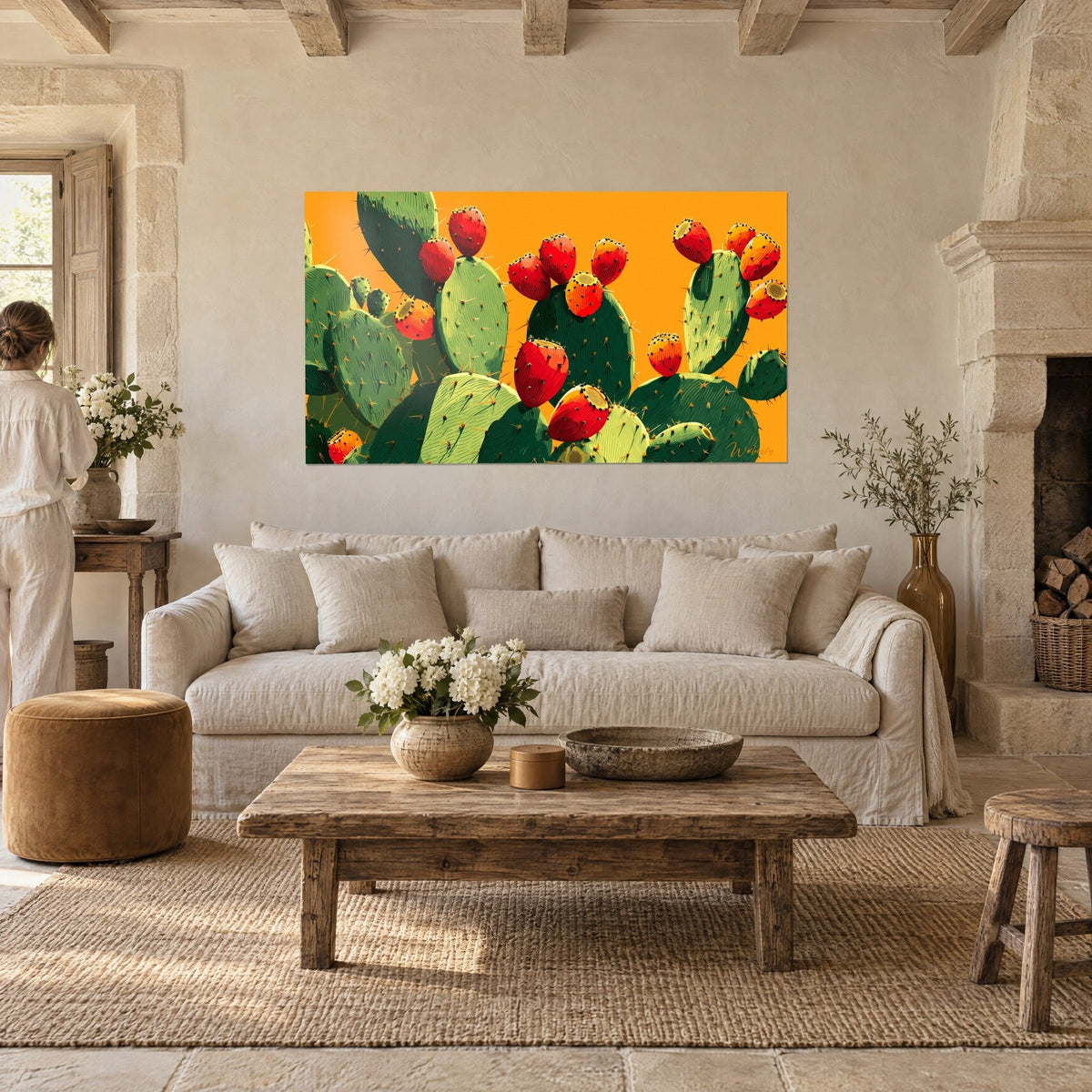 Gemälde Kakteen Feigenkaktus in Tannengrün mit roten Feigen auf orangefarbenem Hintergrund, von hinten gesehen über einem Sofa in einem hellen Wohnzimmer