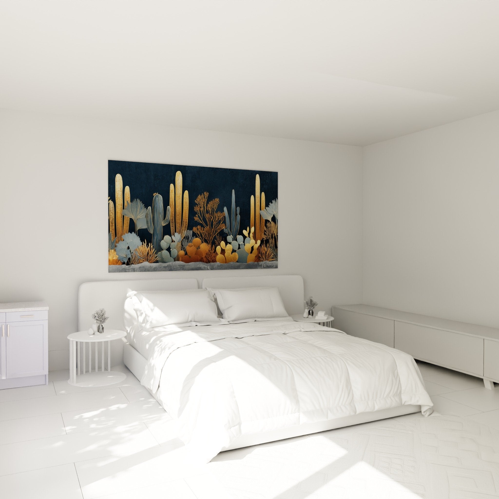 Décoration chambre tableau cactus tons dorés bleus ambiance apaisante style cubisme