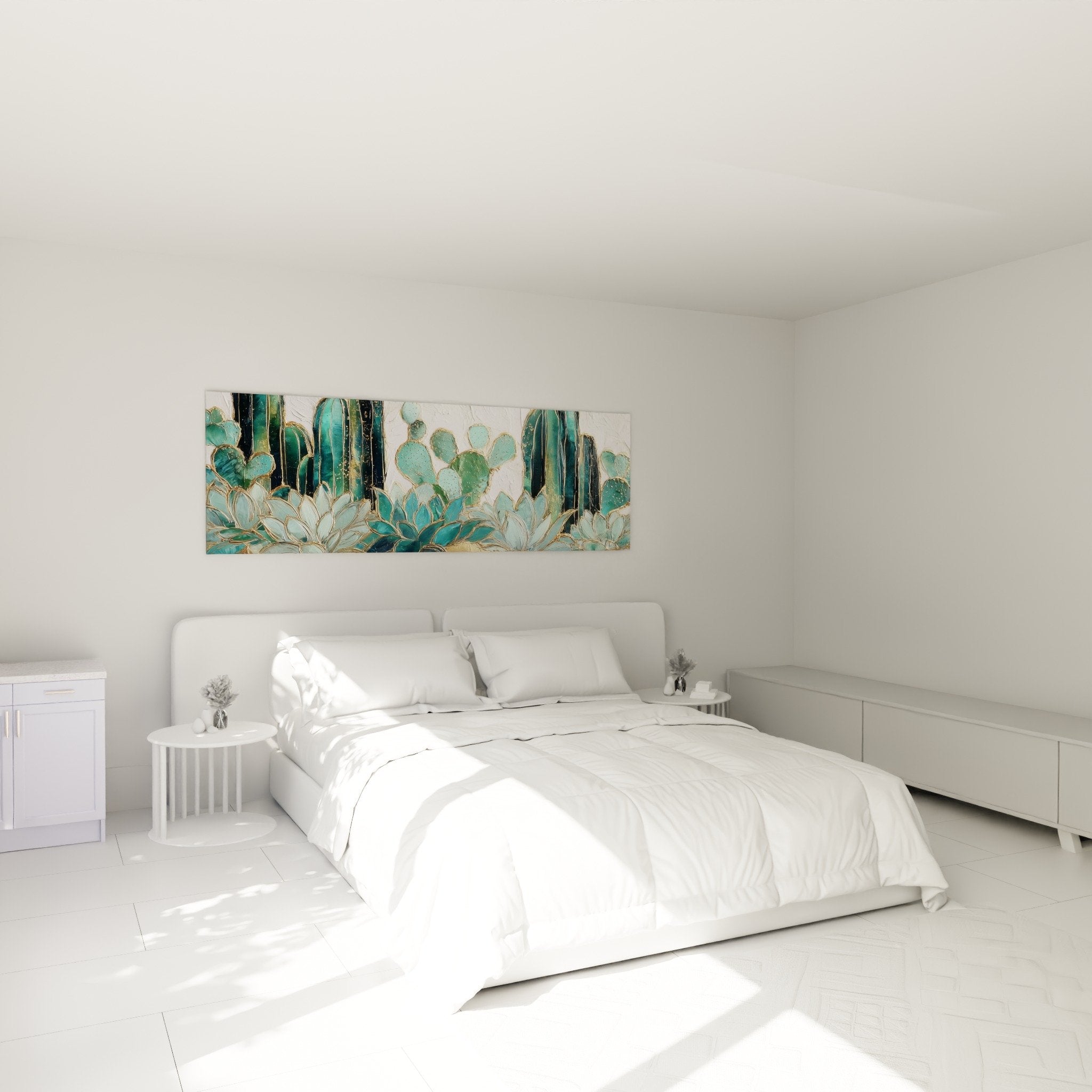 Türkises goldenes Kaktus-Gemälde dekoriert modernes Schlafzimmer weiße Wand Wüsten-Chic-Atmosphäre Kubismus-Stil