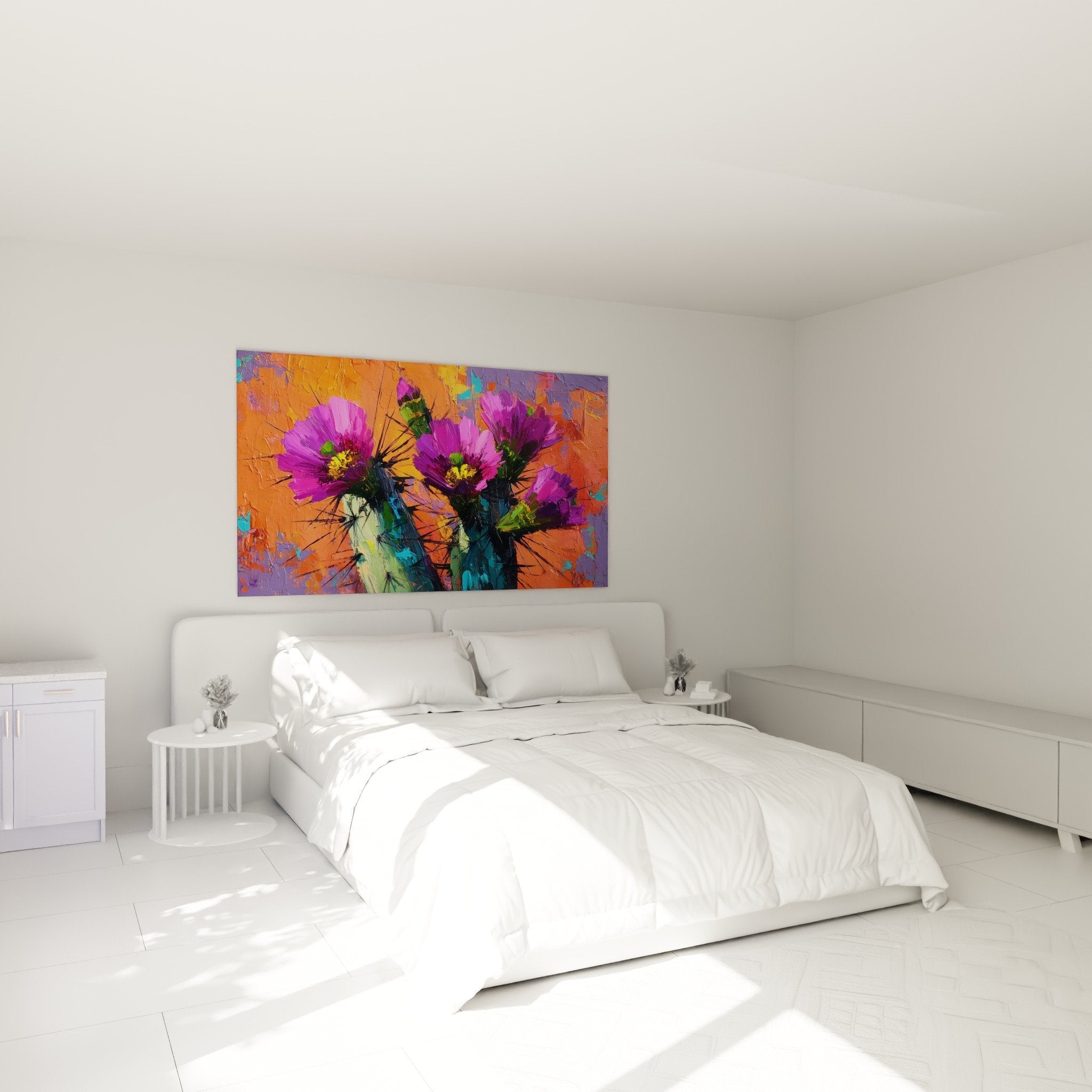 Kaktus-Gemälde in Violett und Orange im modernen Schlafzimmer, graue Wand, kubistische Wanddekoration