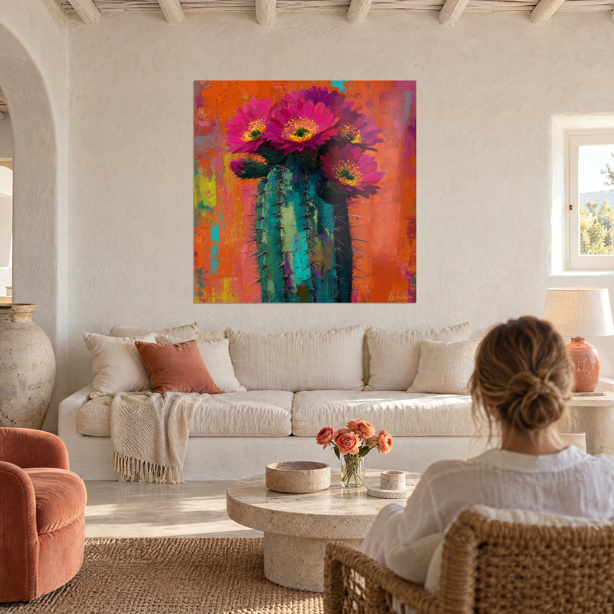 Tableau cactus colonnaire aux fleurs magenta et cœurs jaunes, fond orange brûlé, au-dessus d'un canapé dans un salon lumineux