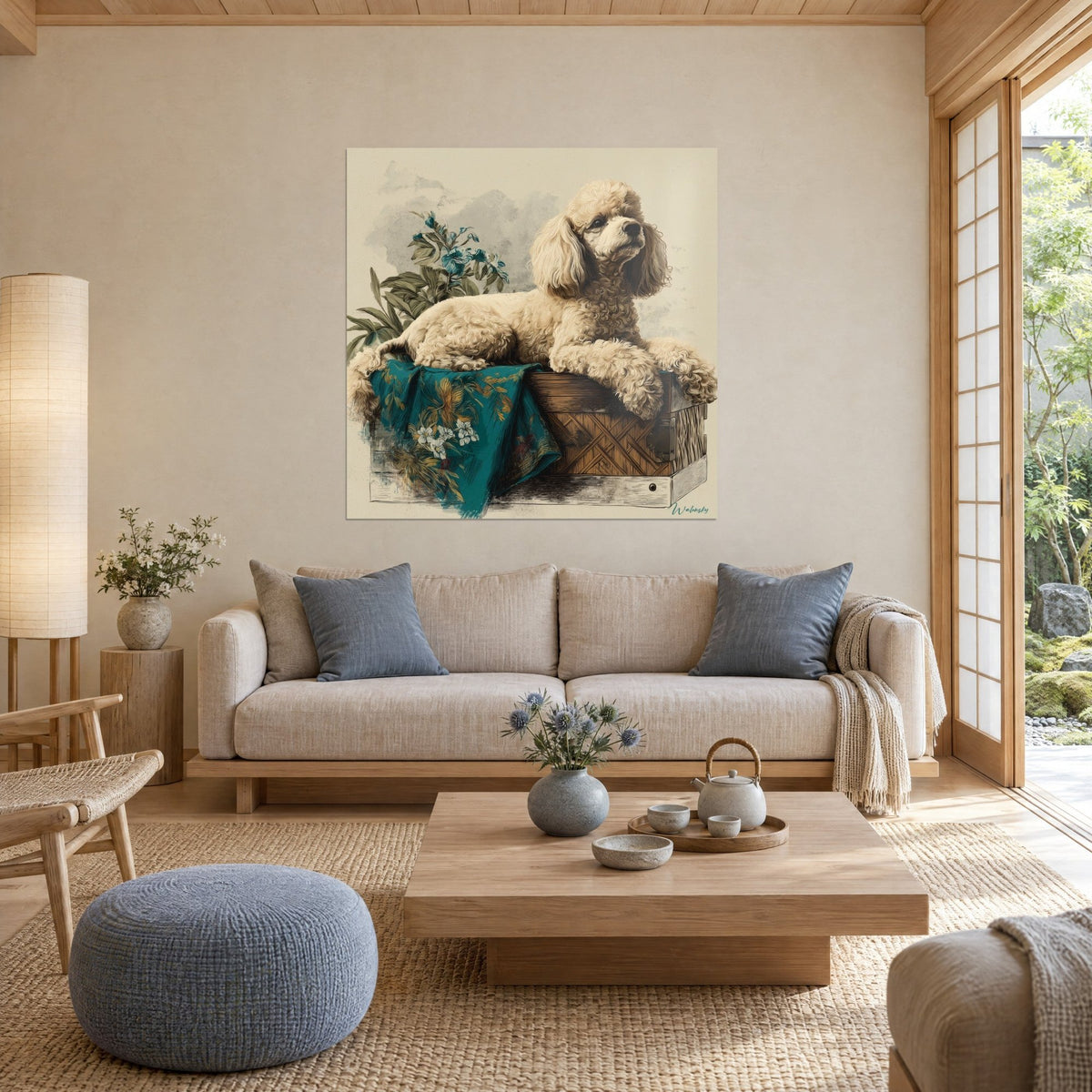 Tableau caniche crème aux boucles dorées, couché sur un coffre en bois et un foulard turquoise, au-dessus d'un canapé dans un salon lumineux