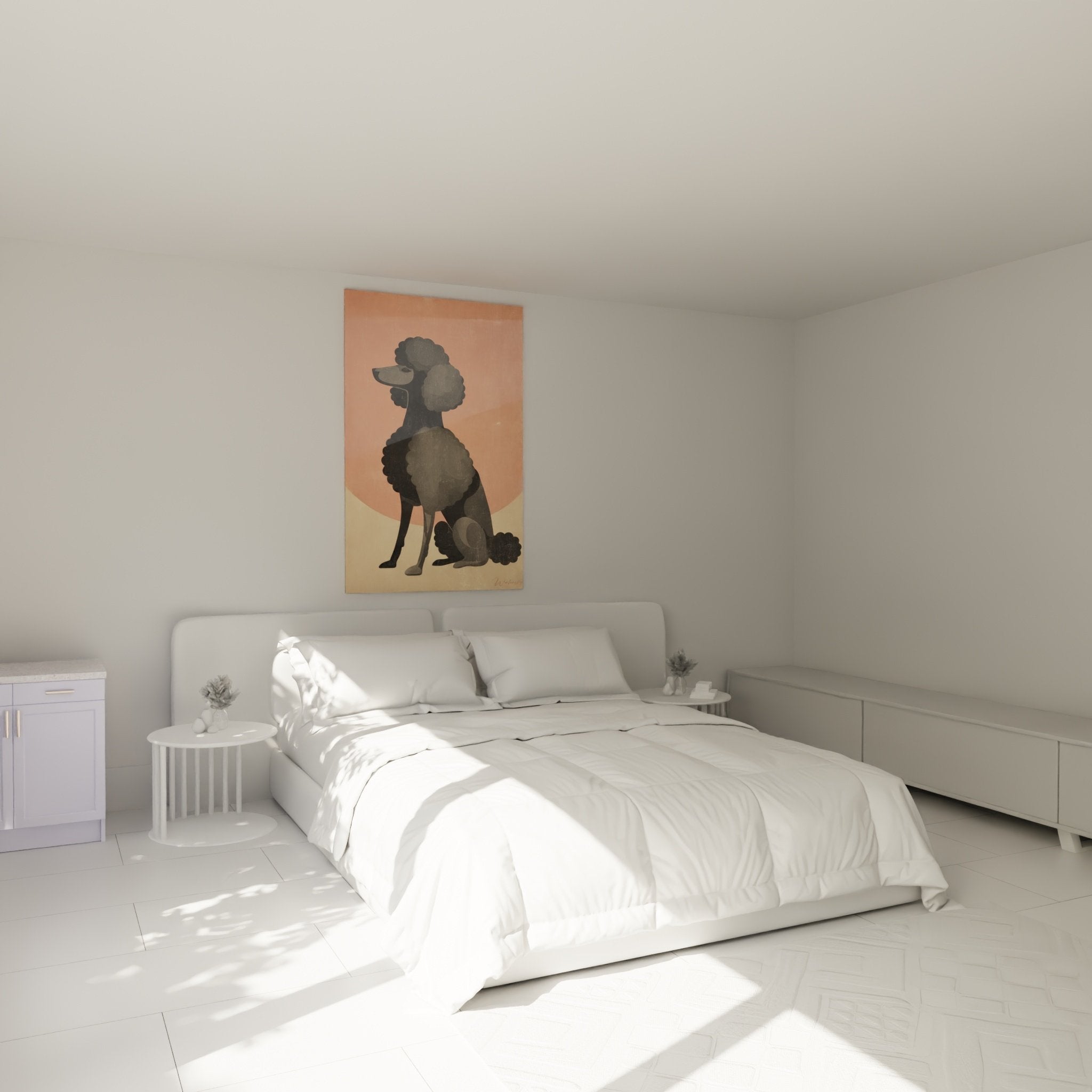 Grauer Pudel mit Brille Gemälde, das ein modernes Schlafzimmer in Pastelltönen dekoriert