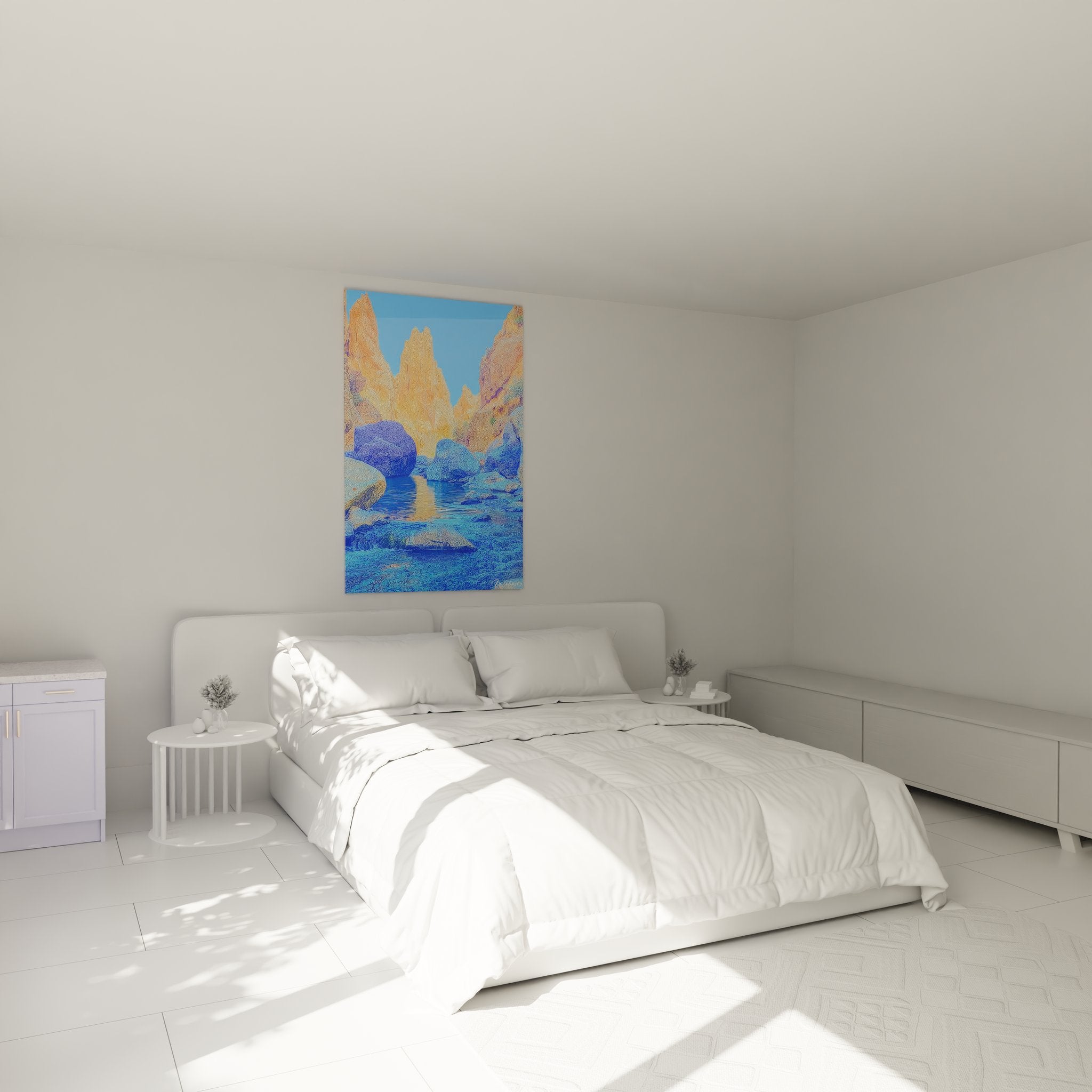 Décoration murale chambre tableau canyon doré et bleu ambiance nature apaisante
