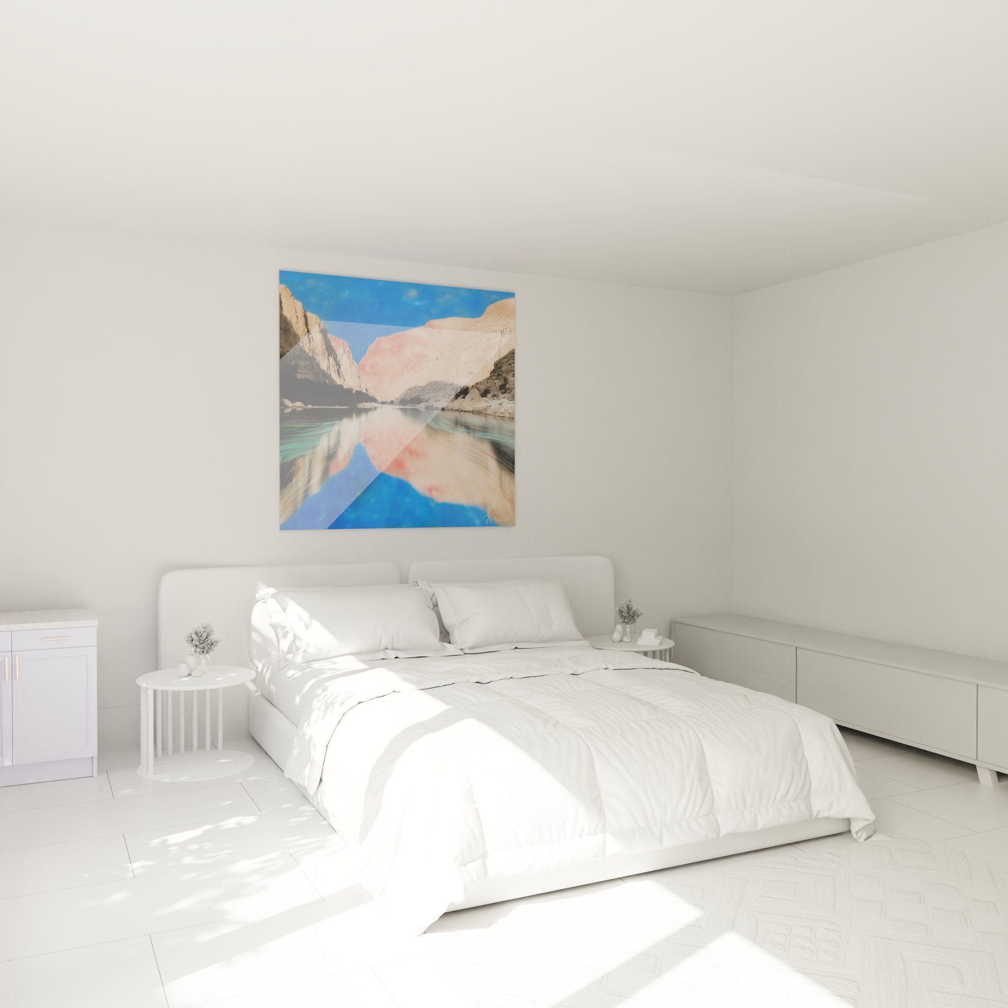 Décoration chambre avec tableau canyon turquoise créant ambiance apaisante et naturelle