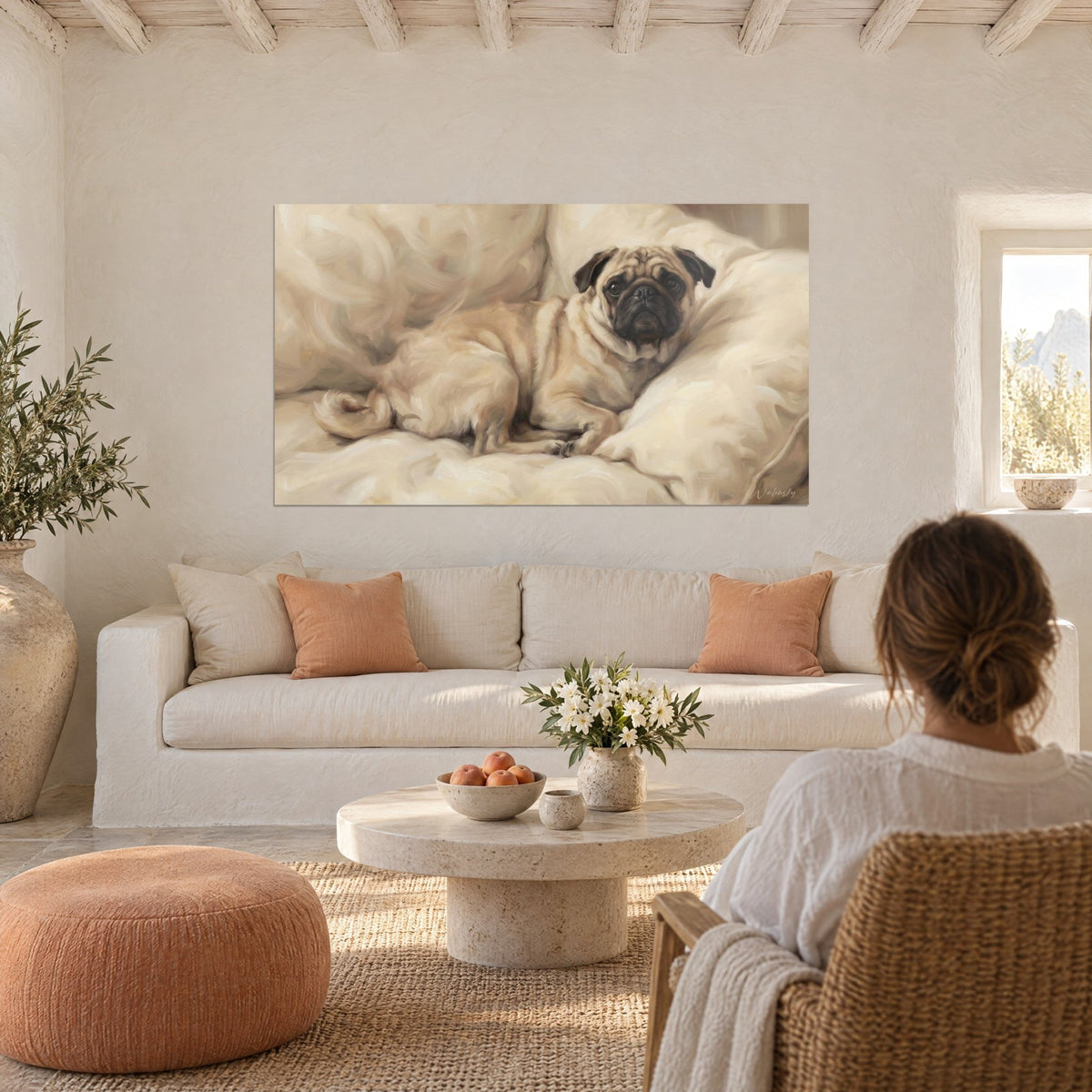 Wall art fawn pug nestled in cream cushions, dark gaze, hung above a sofa in a bright living room