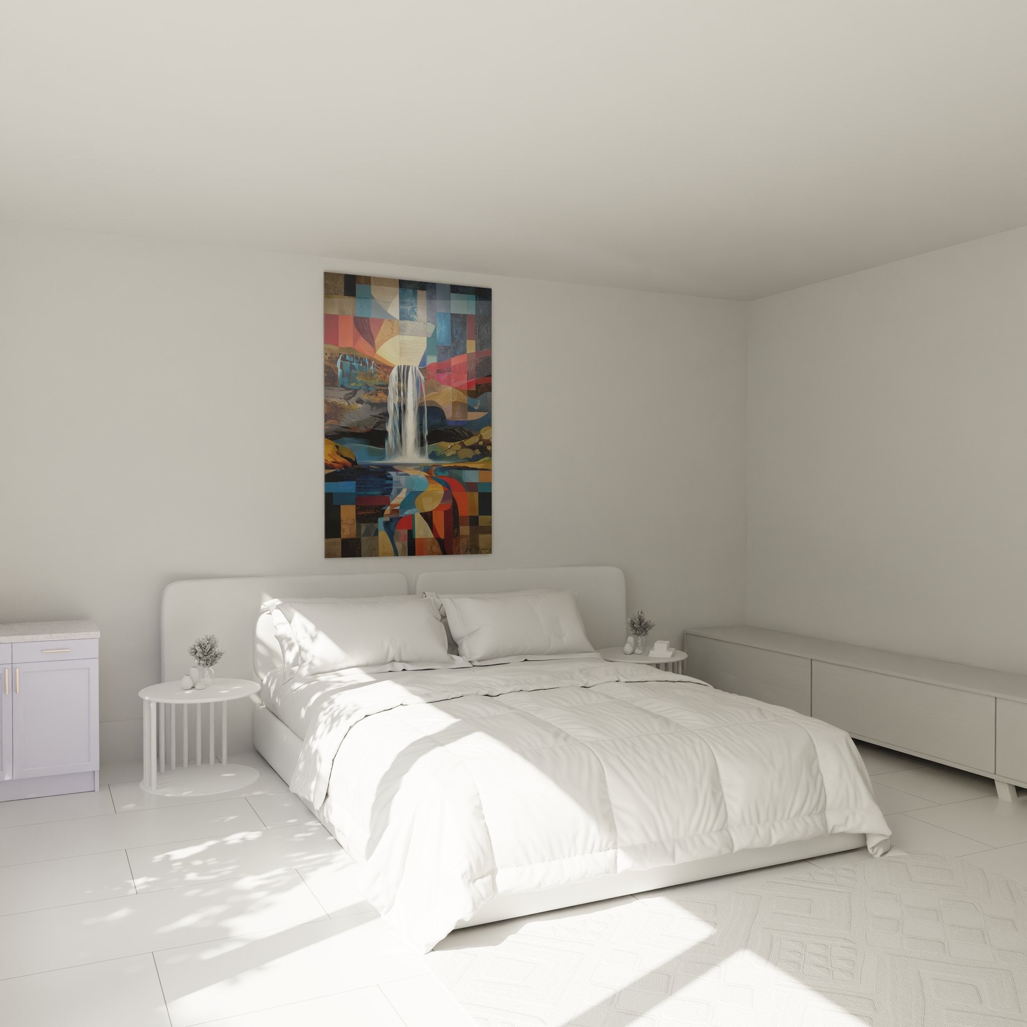 Décoration chambre avec tableau cascade géométrique moderne aux tons bleus et rouges vibrants