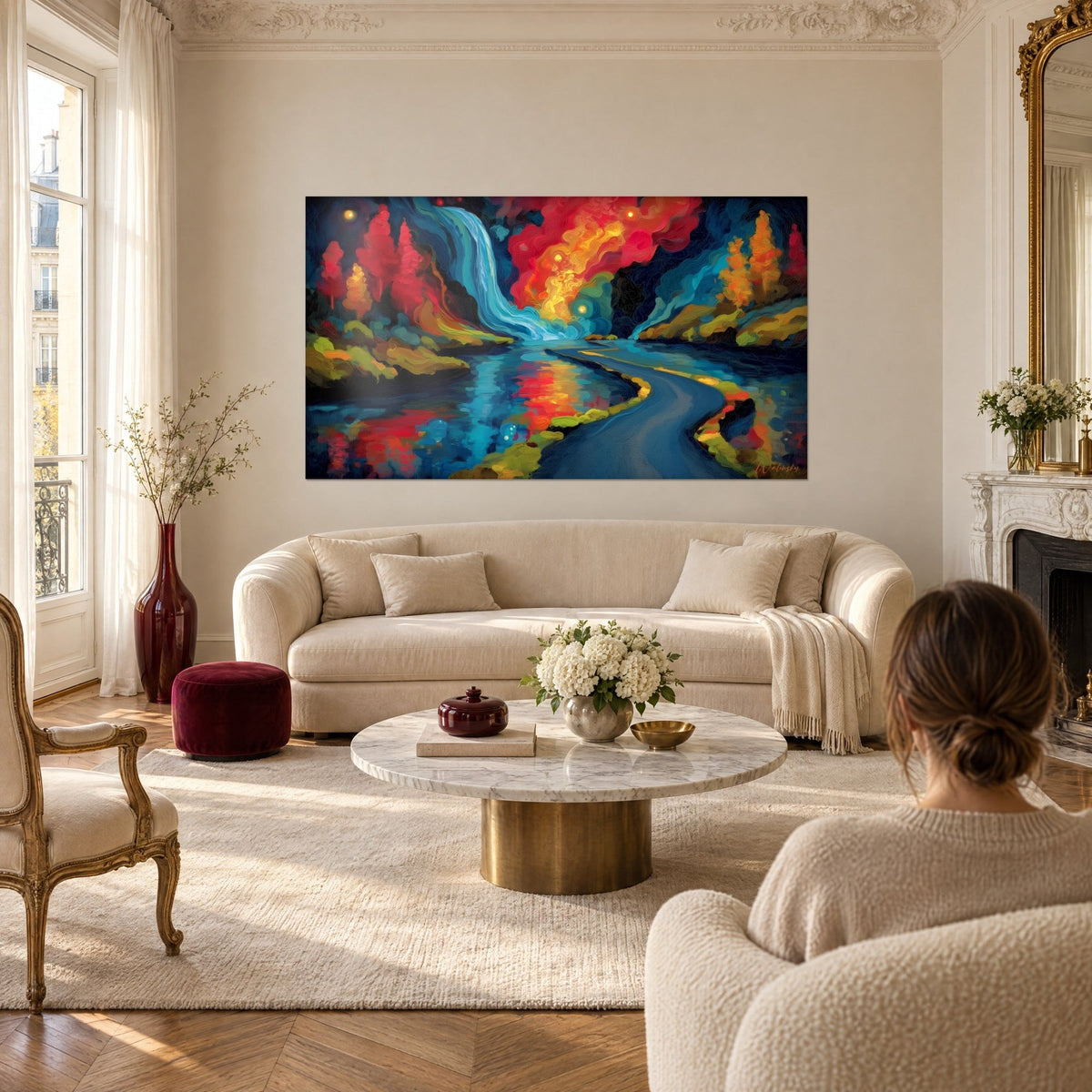 Quadro cascata azzurro ghiacciaio che scroscia sotto un cielo rosso e arancio, strada sinuosa, sopra un divano in un soggiorno luminoso