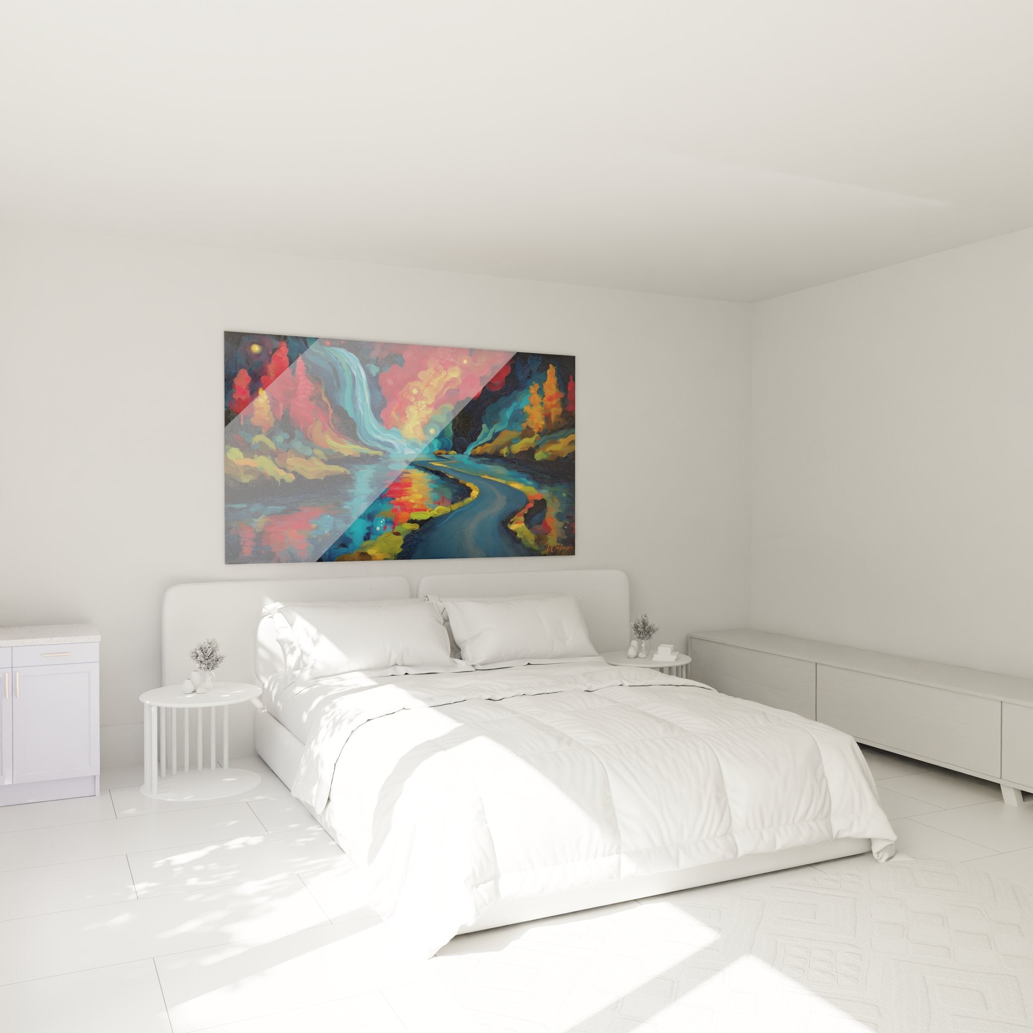 Décoration chambre avec tableau cascade moderne aux couleurs vives sur mur blanc