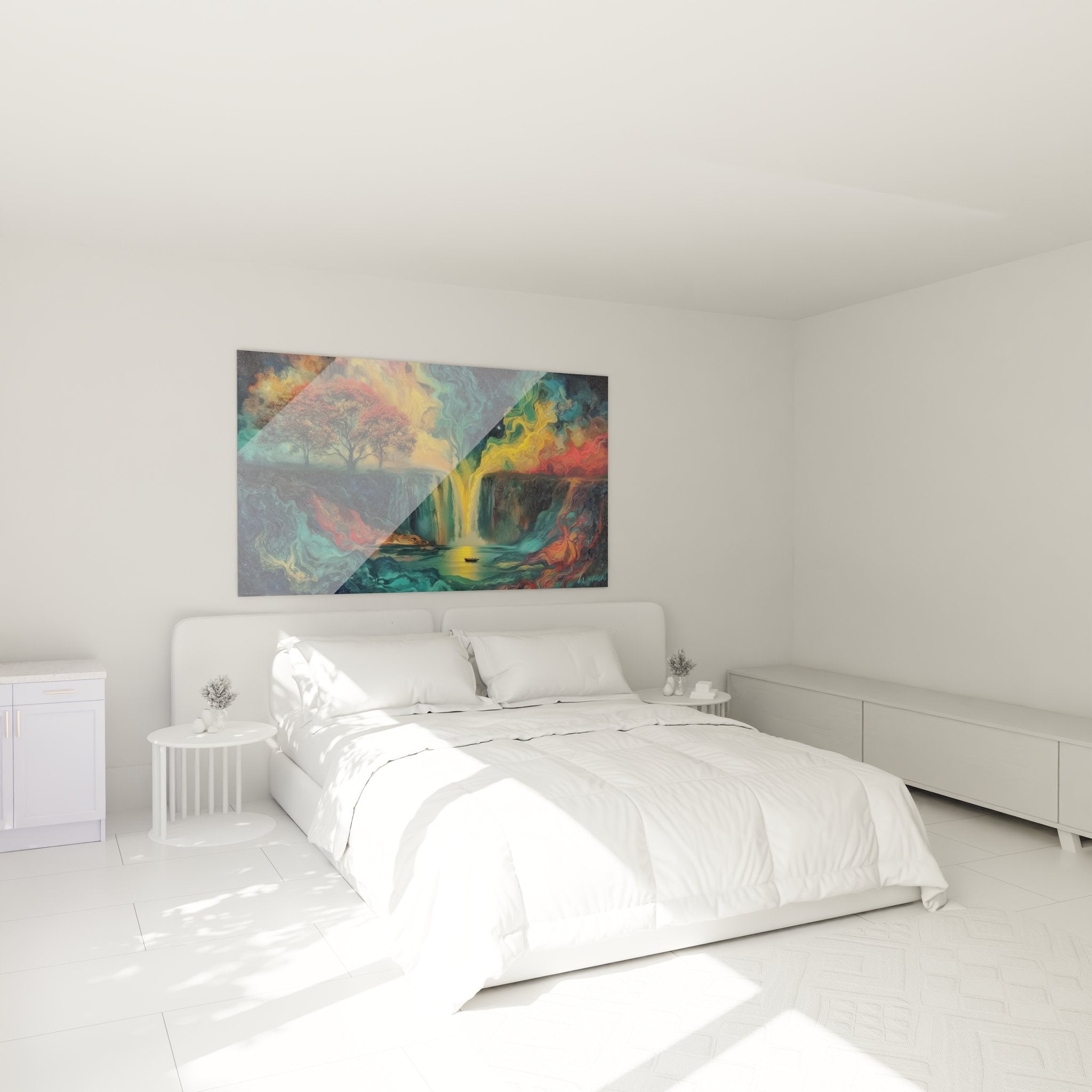 Décoration chambre avec tableau cascade surréaliste créant ambiance mystérieuse et colorée